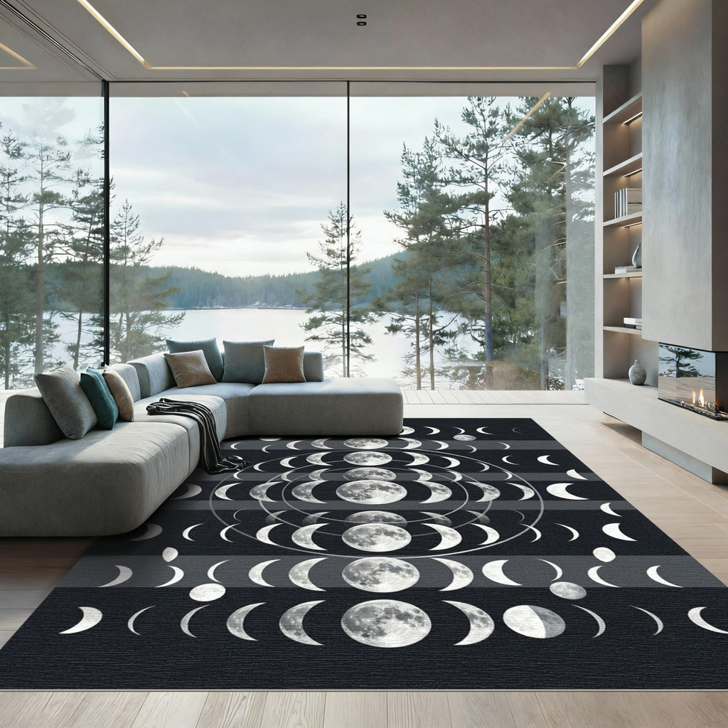 Celestial Lunar Phase Monochrome Art Rug