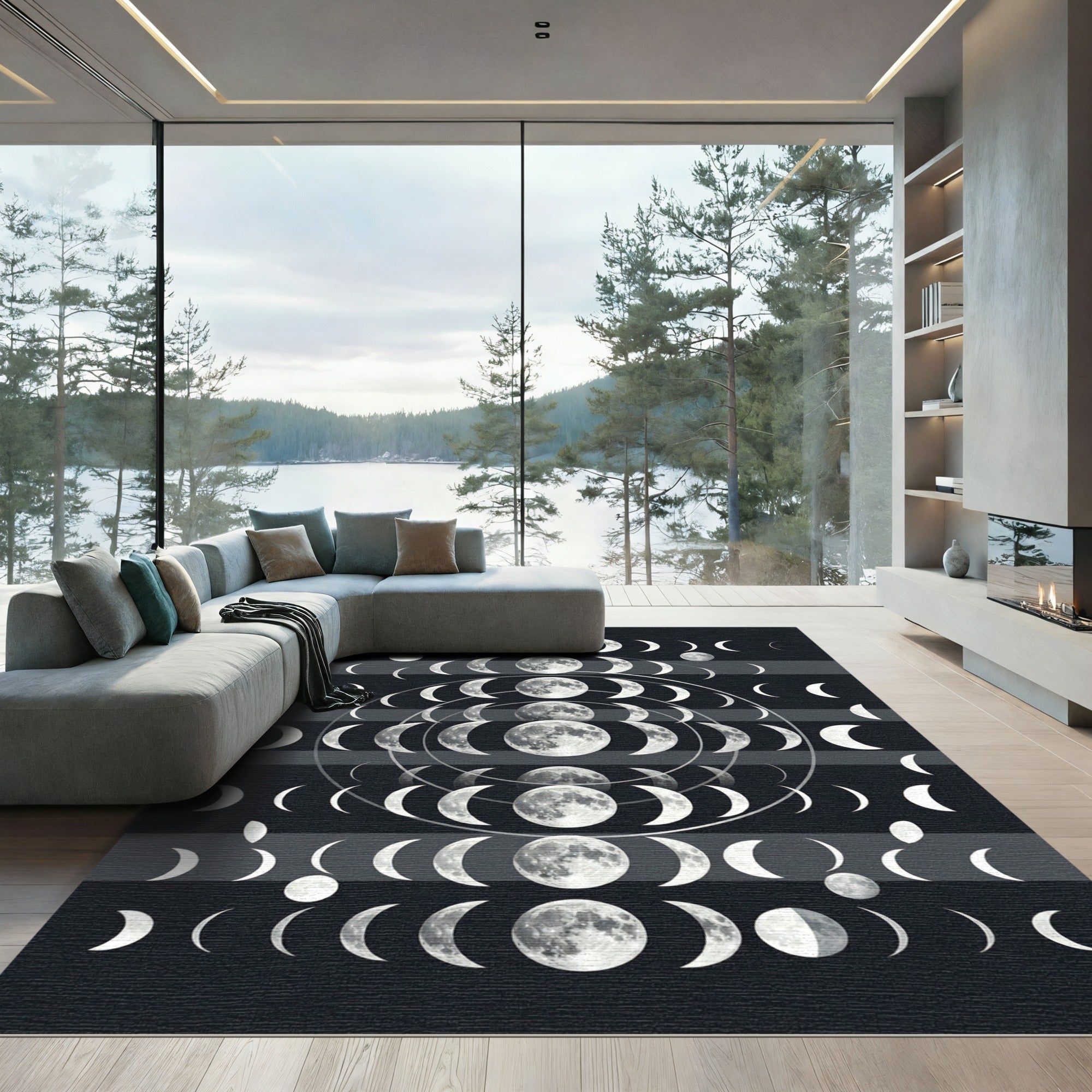 Celestial Lunar Phase Monochrome Art Rug