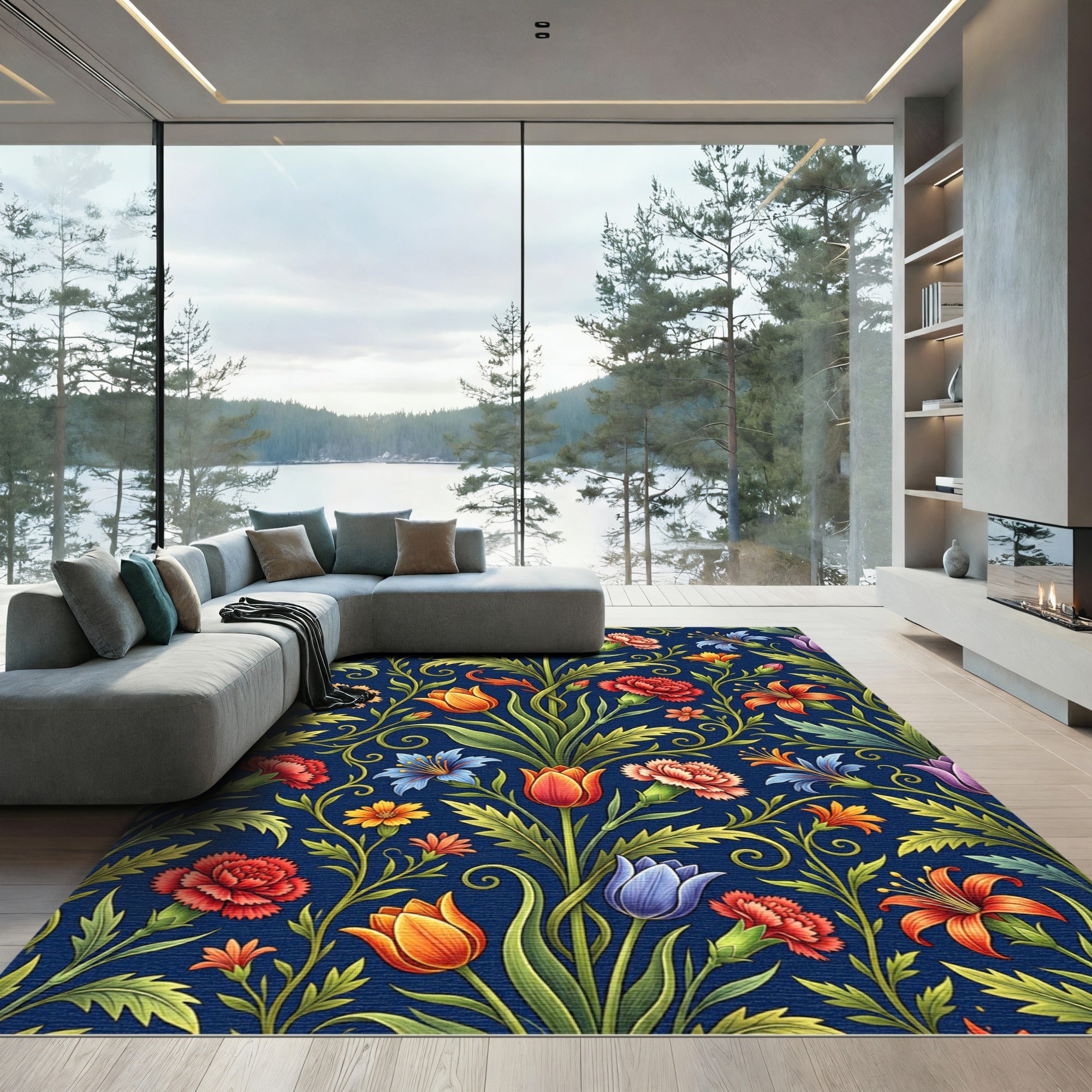 Rich Crimson Floral Tapestry Rug