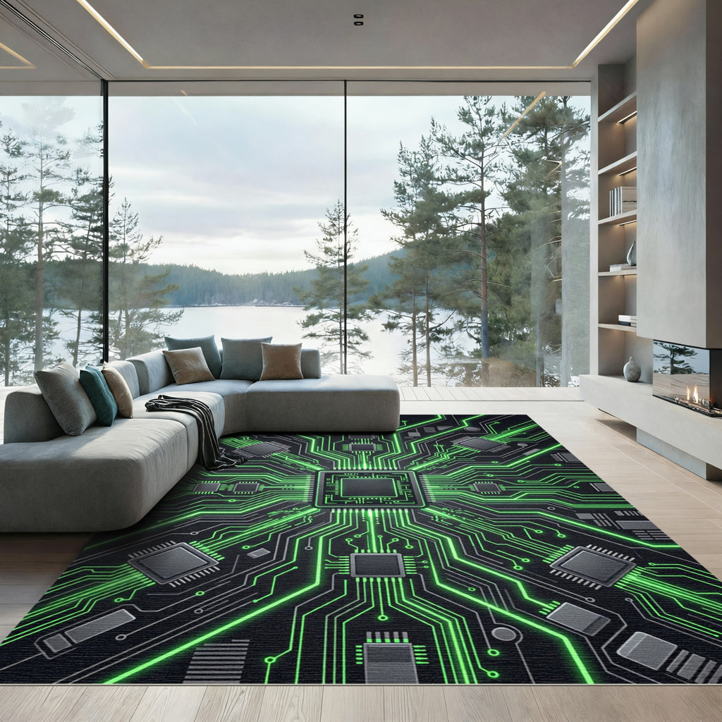 Neon Cybernetic Circuitry Glow Abstract Rug