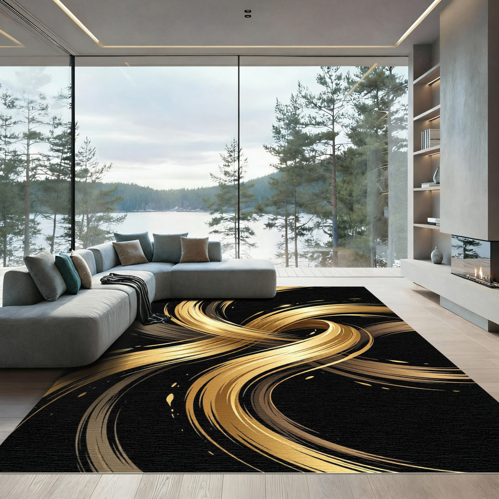 Golden Swirling Abstract Ribbon Art Rug