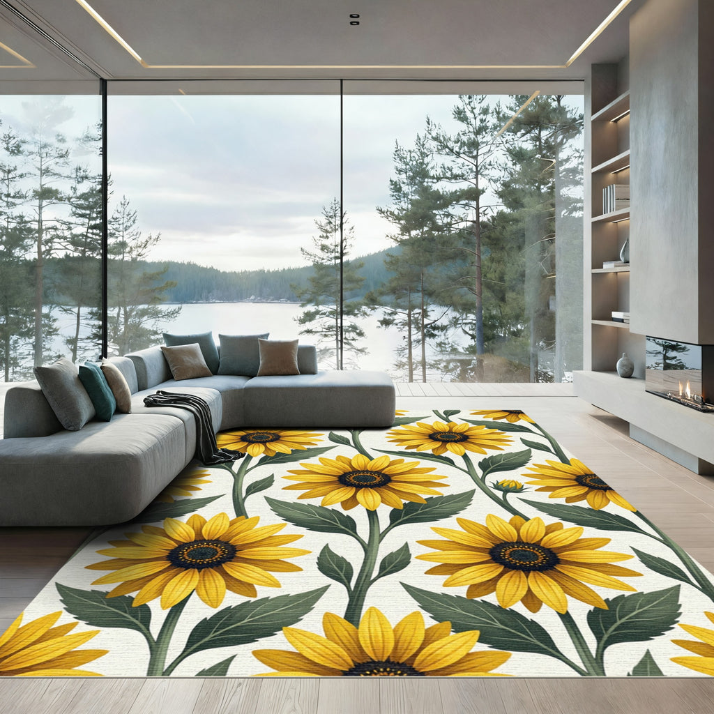 Yellow Sunflower Botanical Floral Arrangement Rug