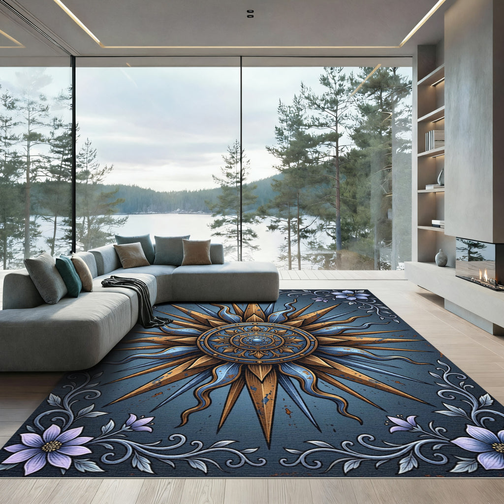 Gilded Celestial Sun Medallion Floral Rug