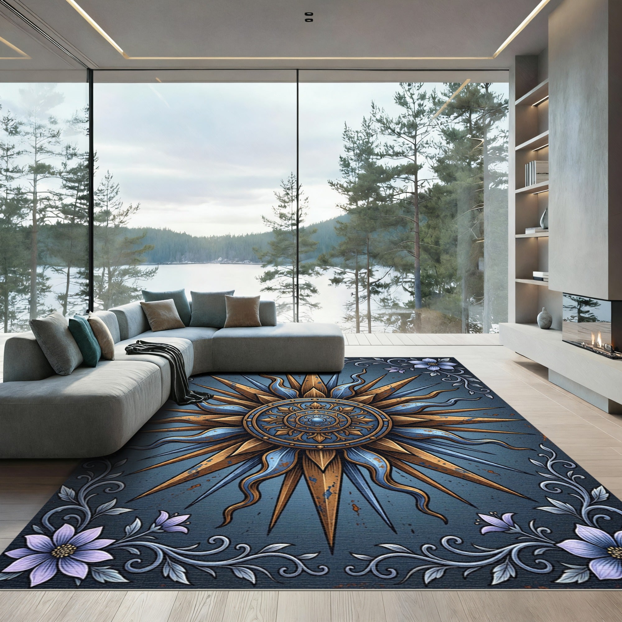 Gilded Celestial Sun Medallion Floral Rug