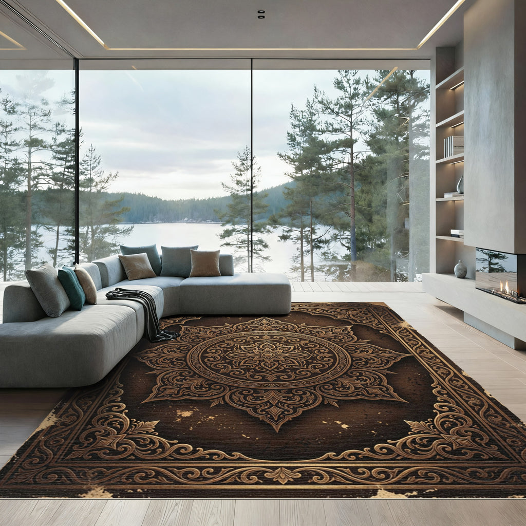 Ornate Bronze Floral Mandala Emblem Rug