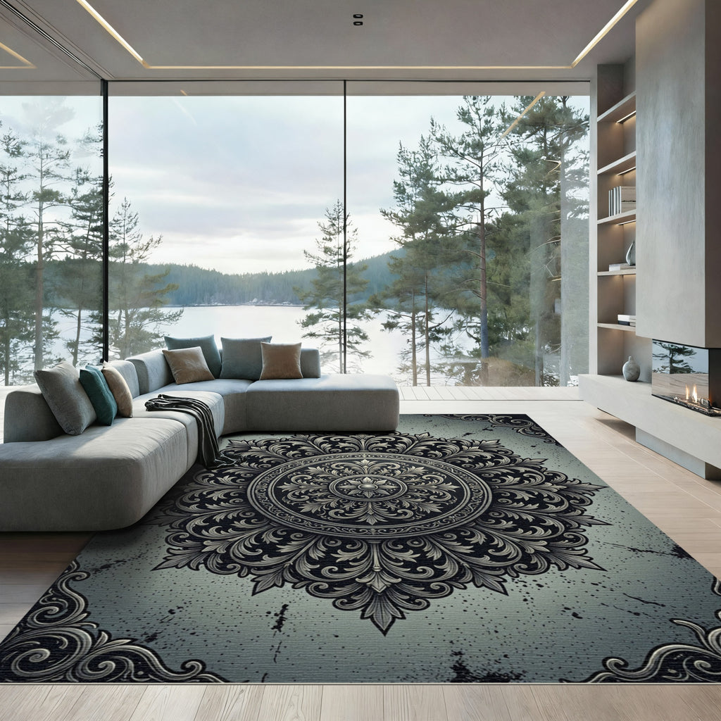 Ornate Charcoal Filigree Silver Medallion Rug