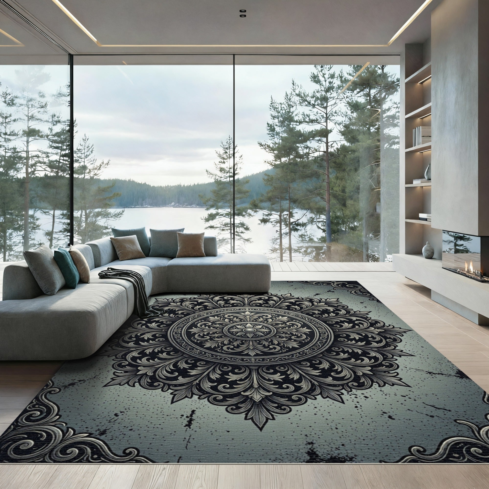Ornate Charcoal Filigree Silver Medallion Rug