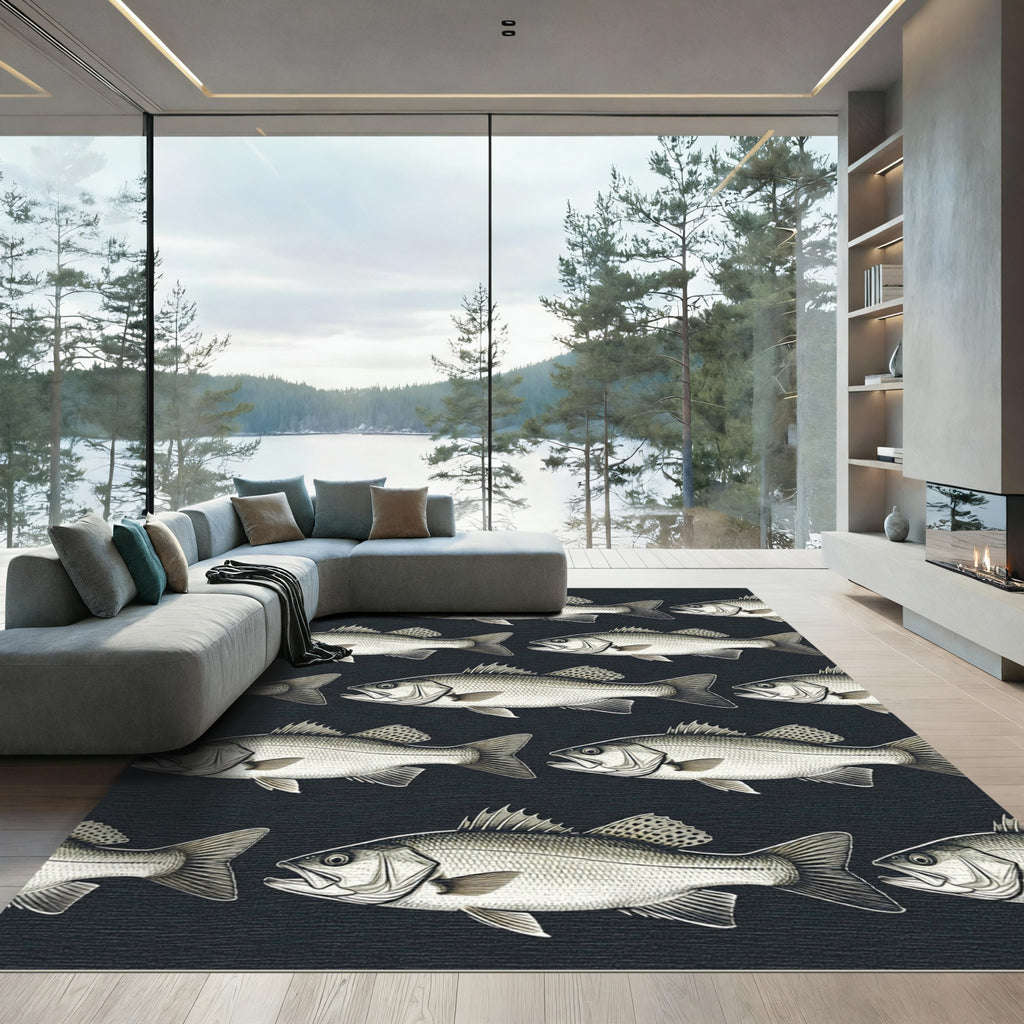 Charcoal Black and White Fish School Rug
