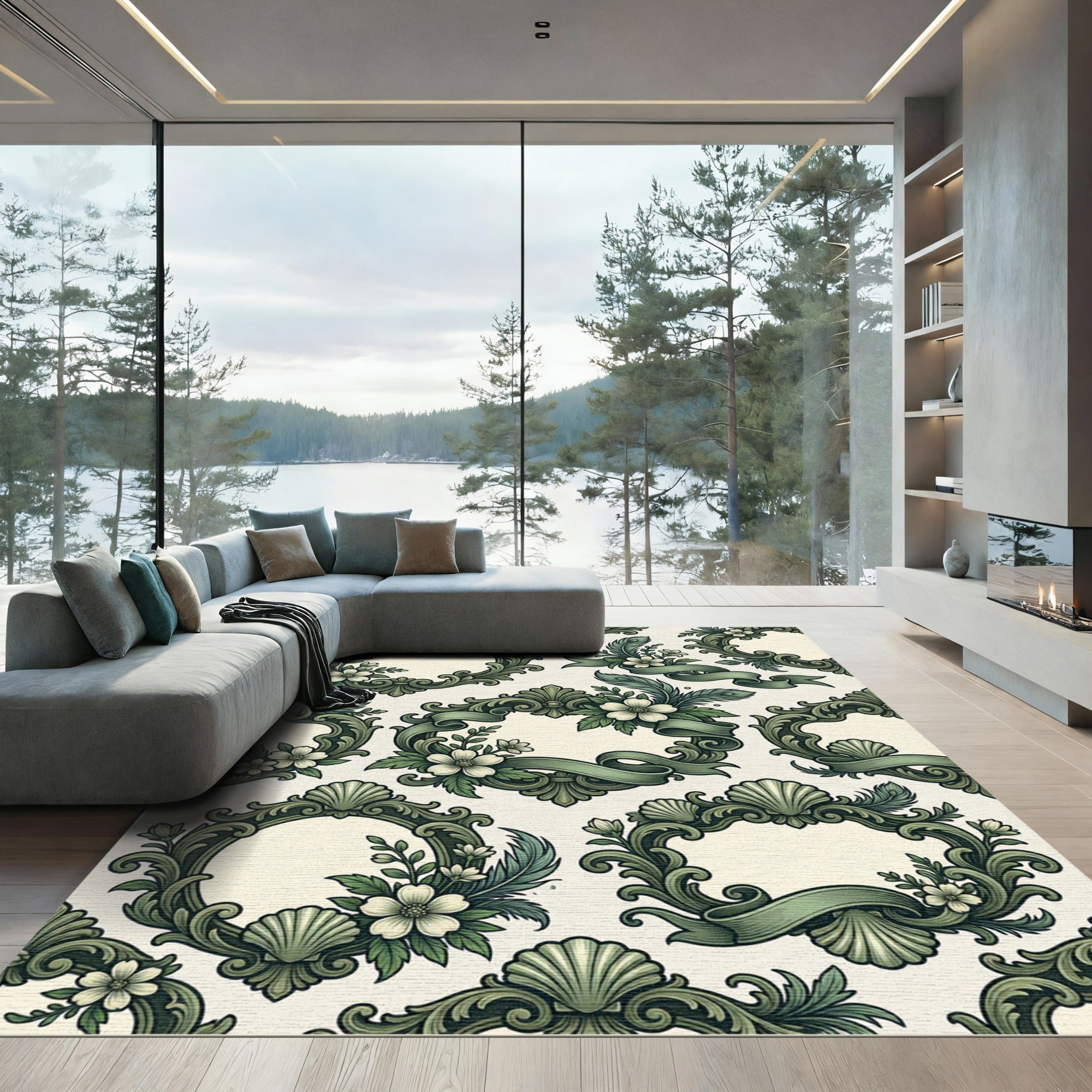 Sage Victorian Rococo Floral Scroll Rug