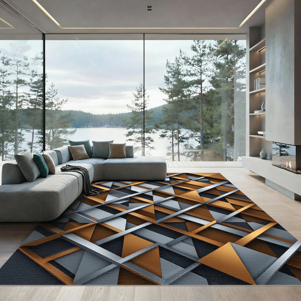 Contemporary Copper and Steel Geometric Lattice Rug