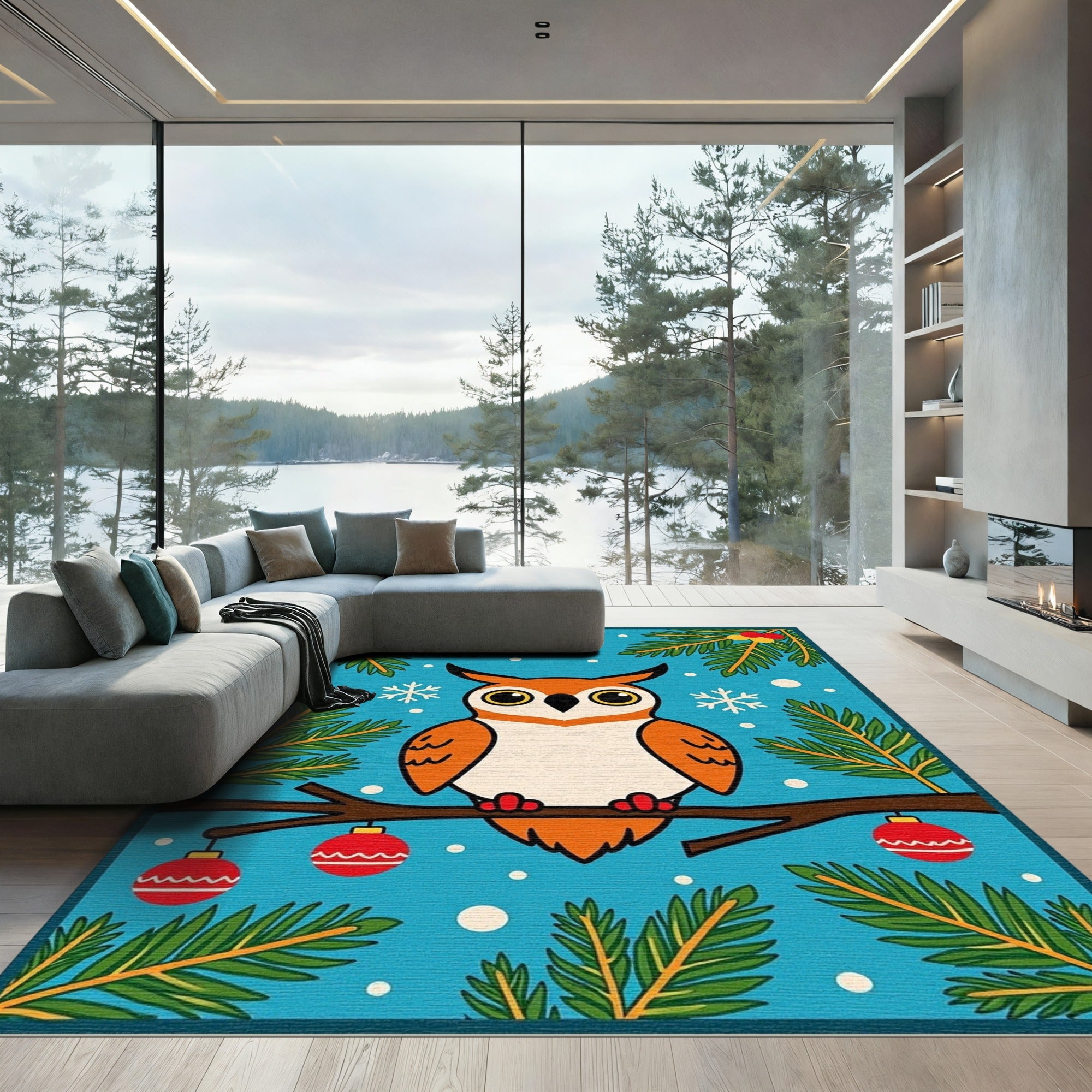 Whimsical Orange Owl Christmas Branch Rug