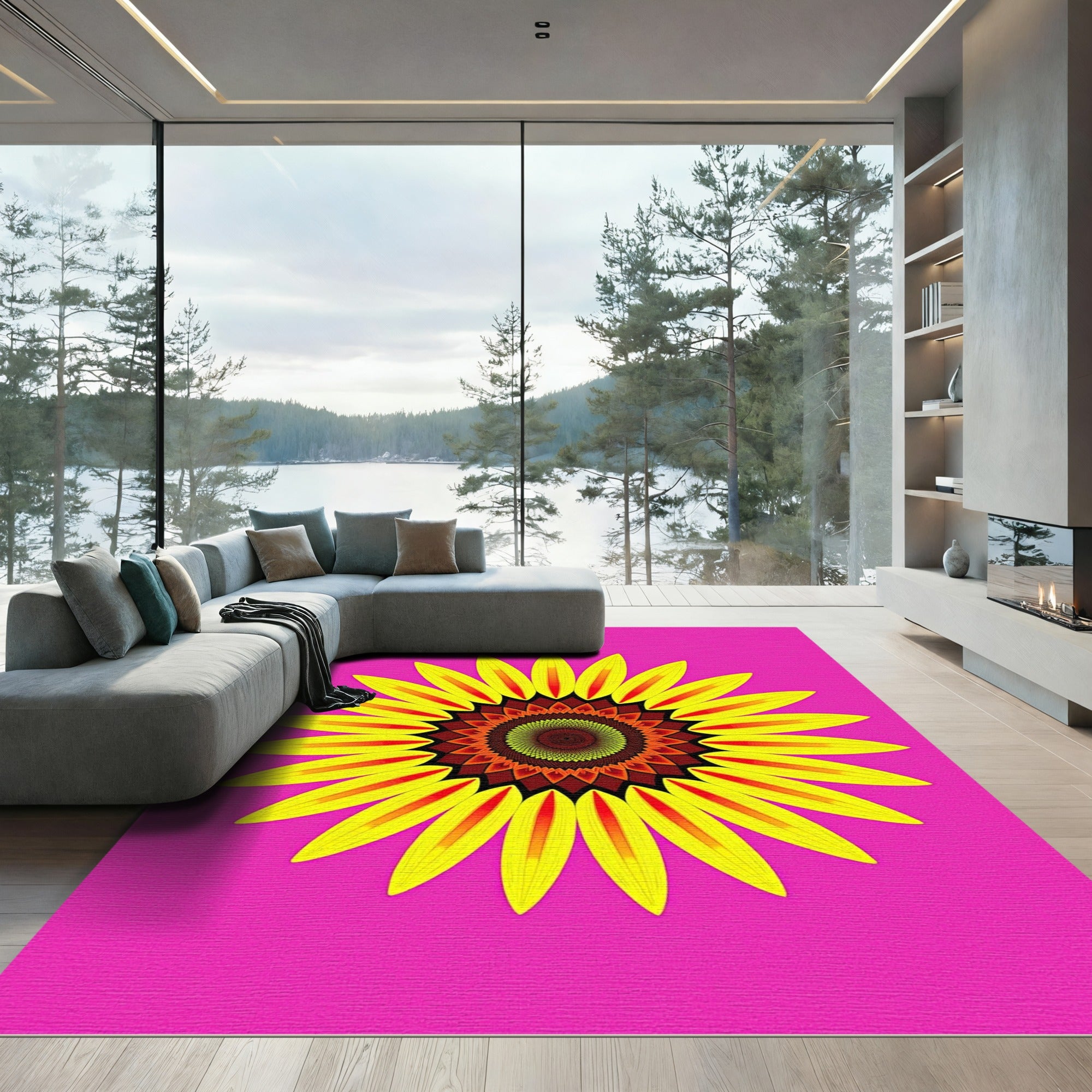 Vibrant Yellow Sunflower Mandala Rug