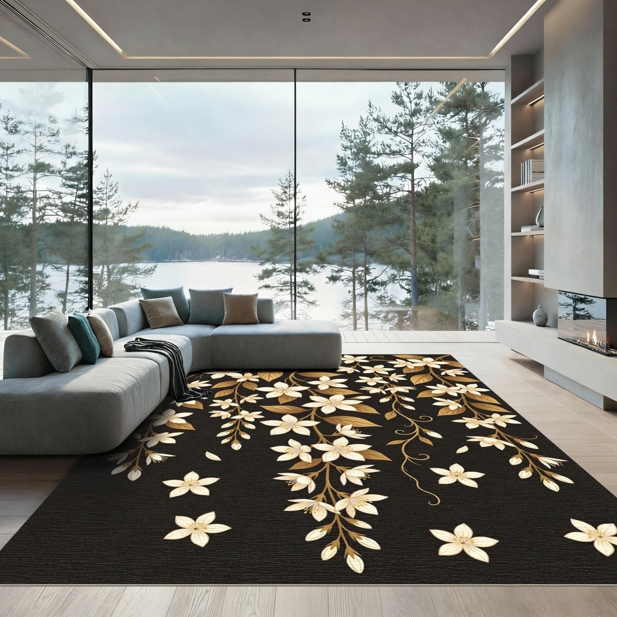 Elegant Golden Jasmine Floral Vines Rug