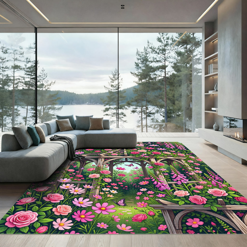 Pink Rose Garden Gazebo Butterfly Scene Rug