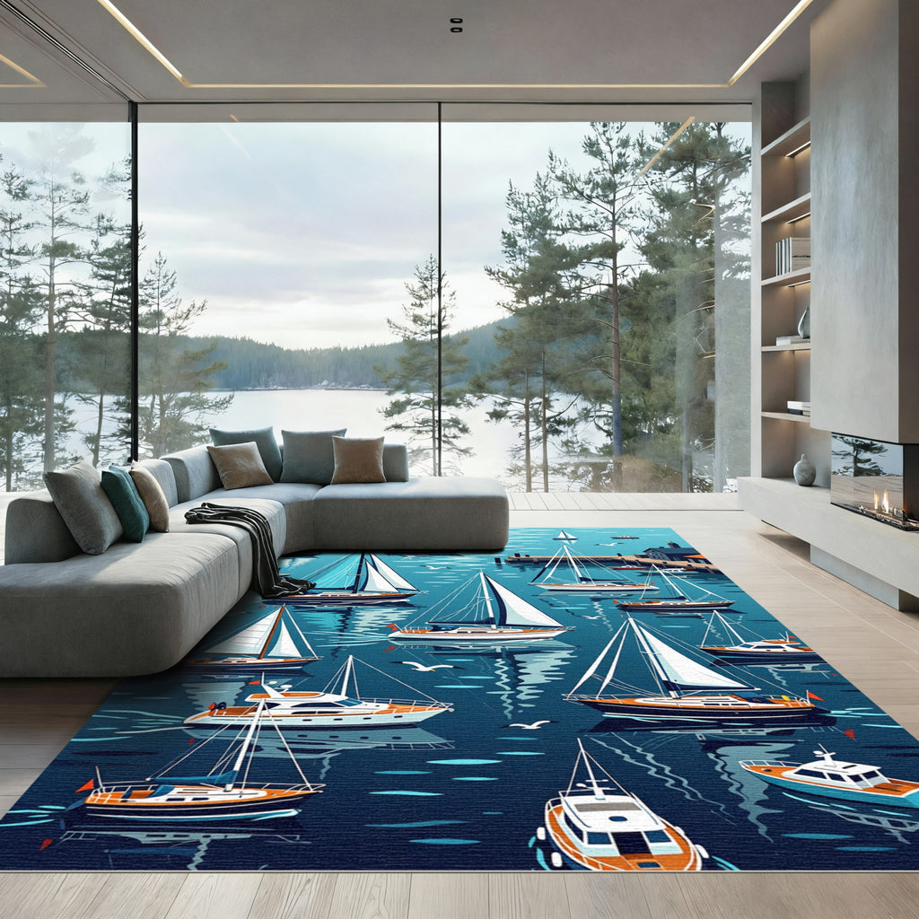 Nautical Sailboat Harbor Marina Scene Rug