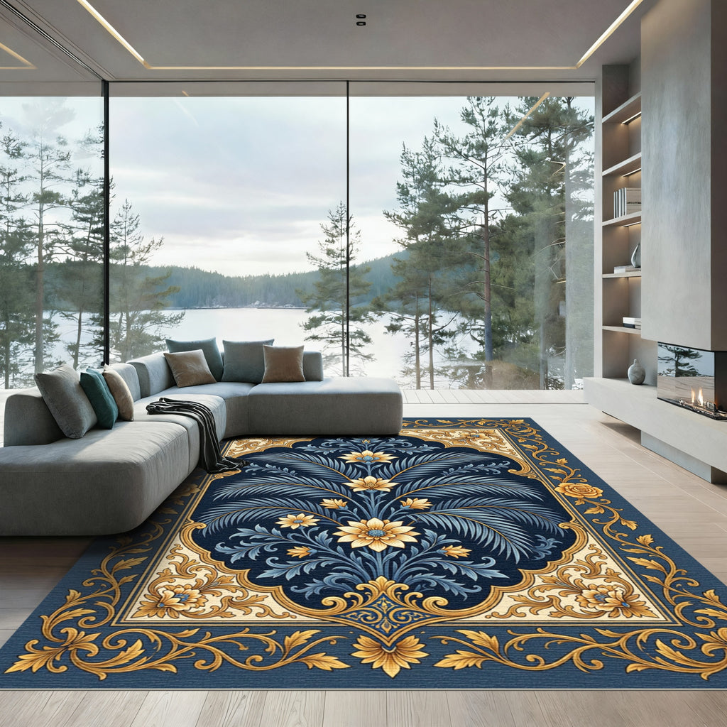 Elegant Navy Blue Golden Botanical Rug