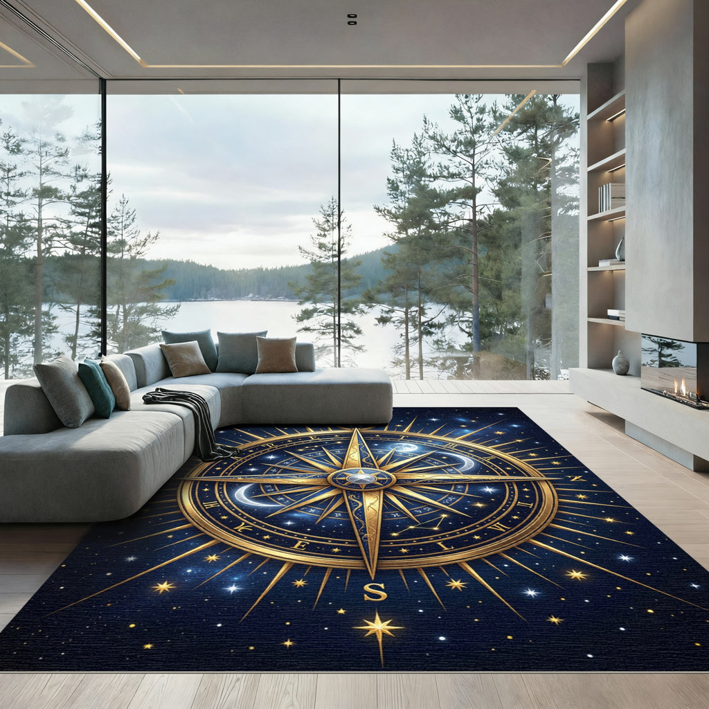 Golden Celestial Compass Navy Night Sky Rug