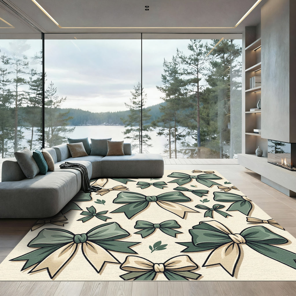 Elegant Sage and Cream Ribbon Bows Rug