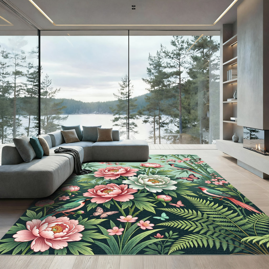 Pink Peony Blossom Birds Butterflies Bamboo Rug