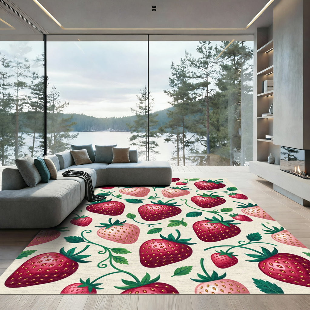 Vibrant Pink Strawberry Vine Pattern Rug