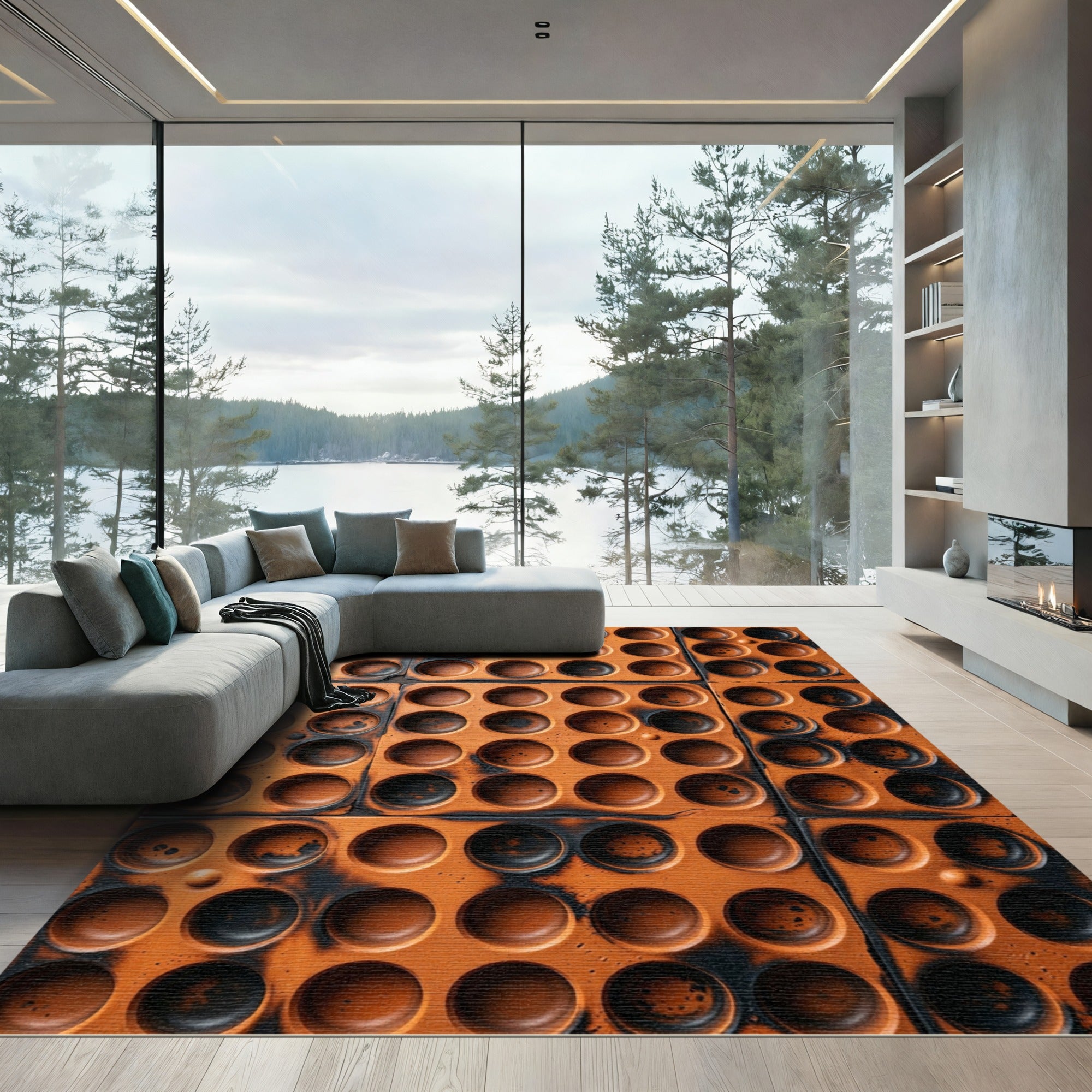 Burnt Umber Industrial Circular Grid Rug