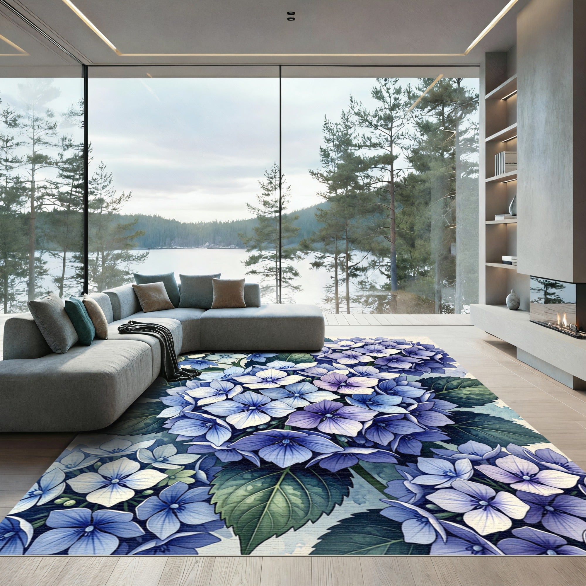 Vintage Blue Hydrangea Floral Branches Rug