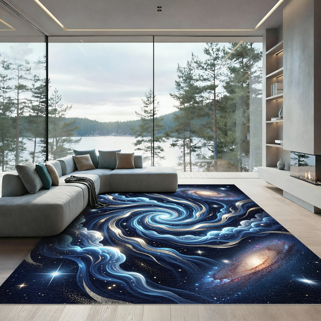 Celestial Blue Galactic Spiral Nebula Rug
