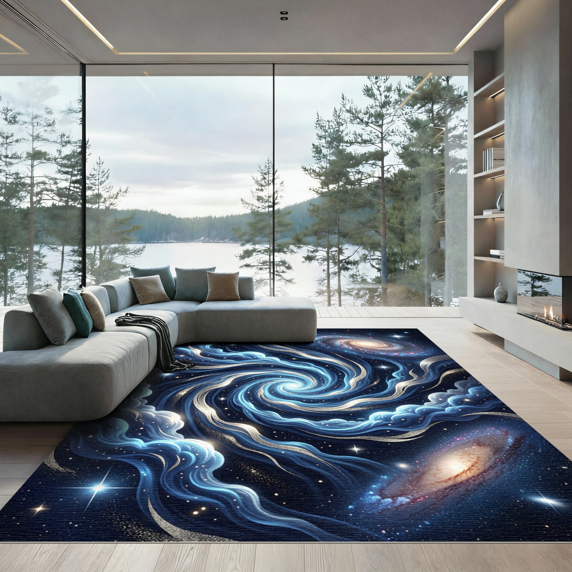 Celestial Blue Galactic Spiral Nebula Rug