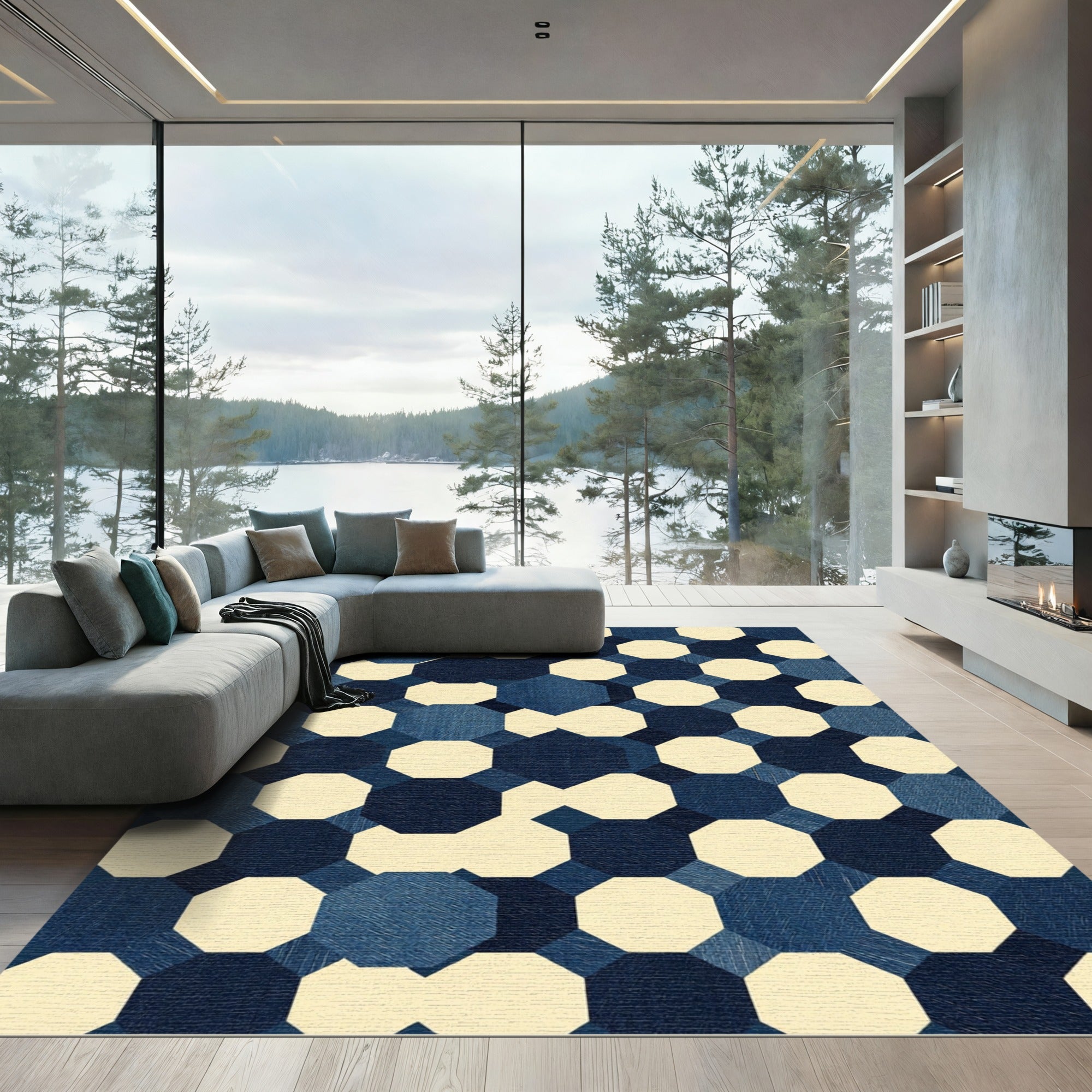 Modern Navy Cream Geometric Octagon Rug
