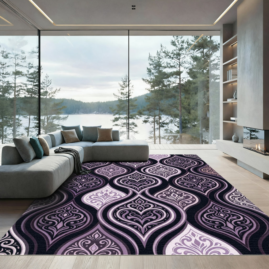 Elegant Plum Damask Scroll Curvaceous Rug