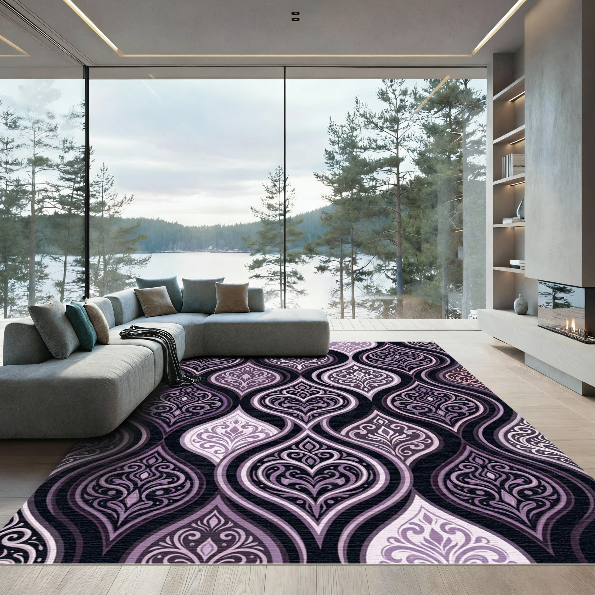 Elegant Plum Damask Scroll Curvaceous Rug