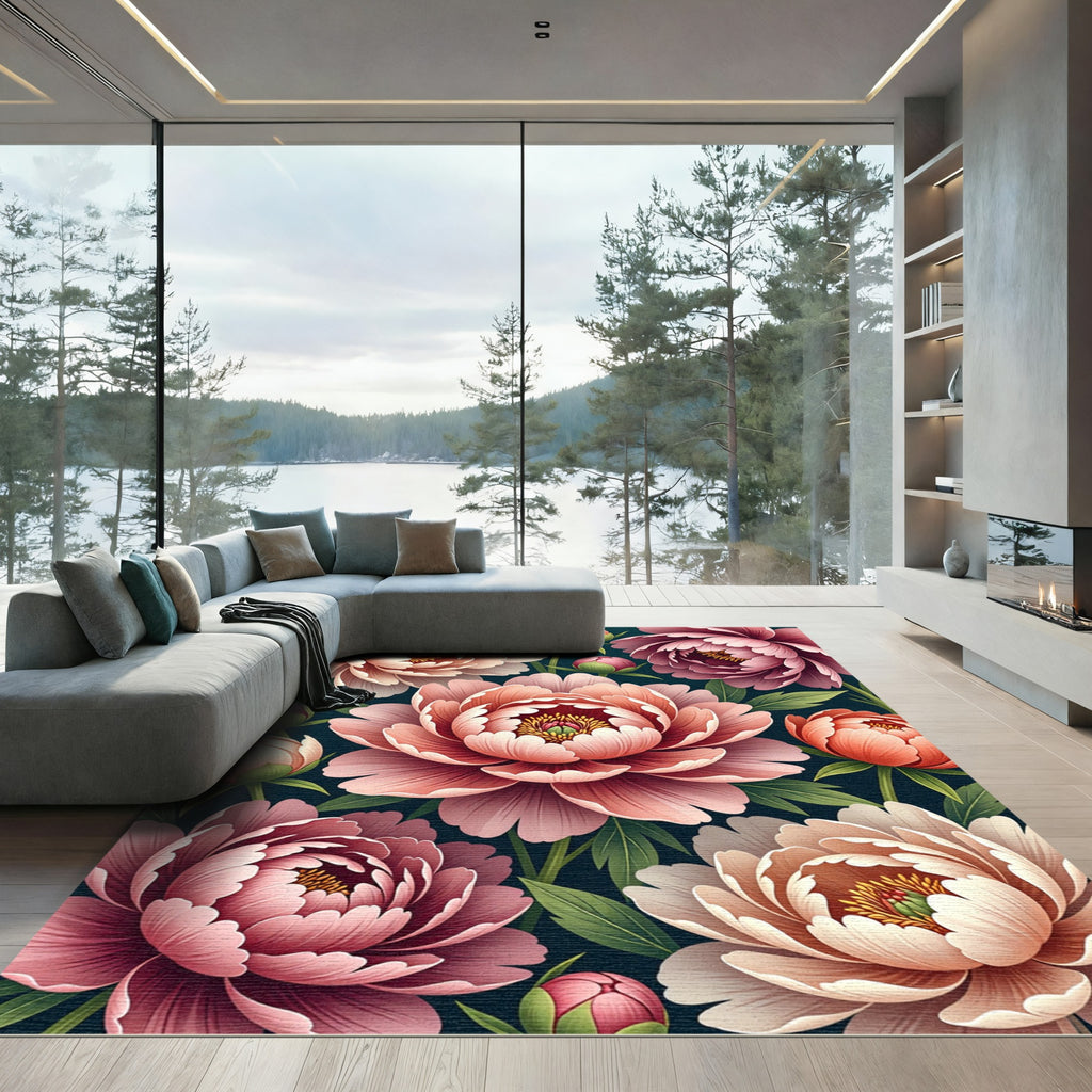Rich Pink Peony Floral Composition Rug