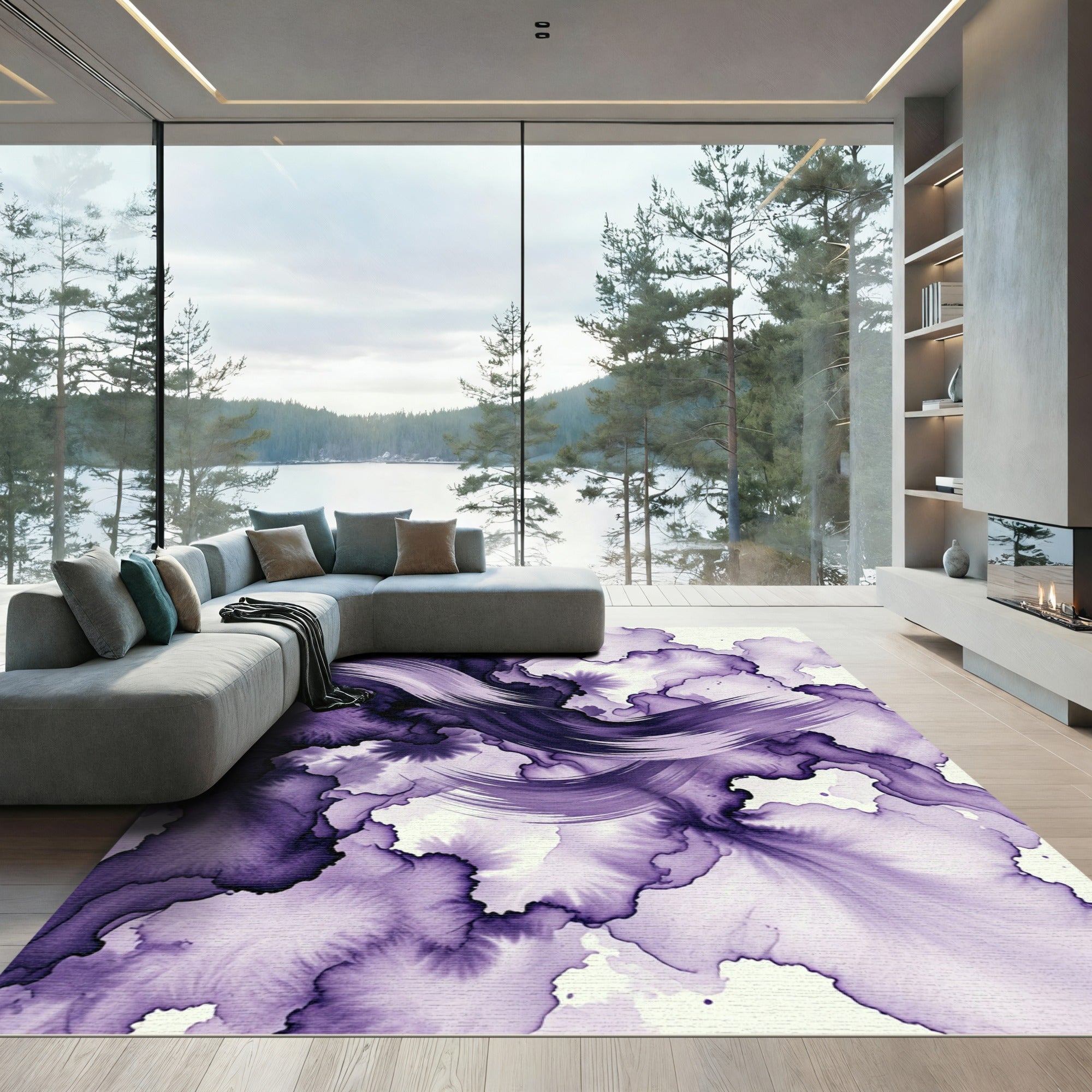 Abstract Plum Ink Wash Wave Rug