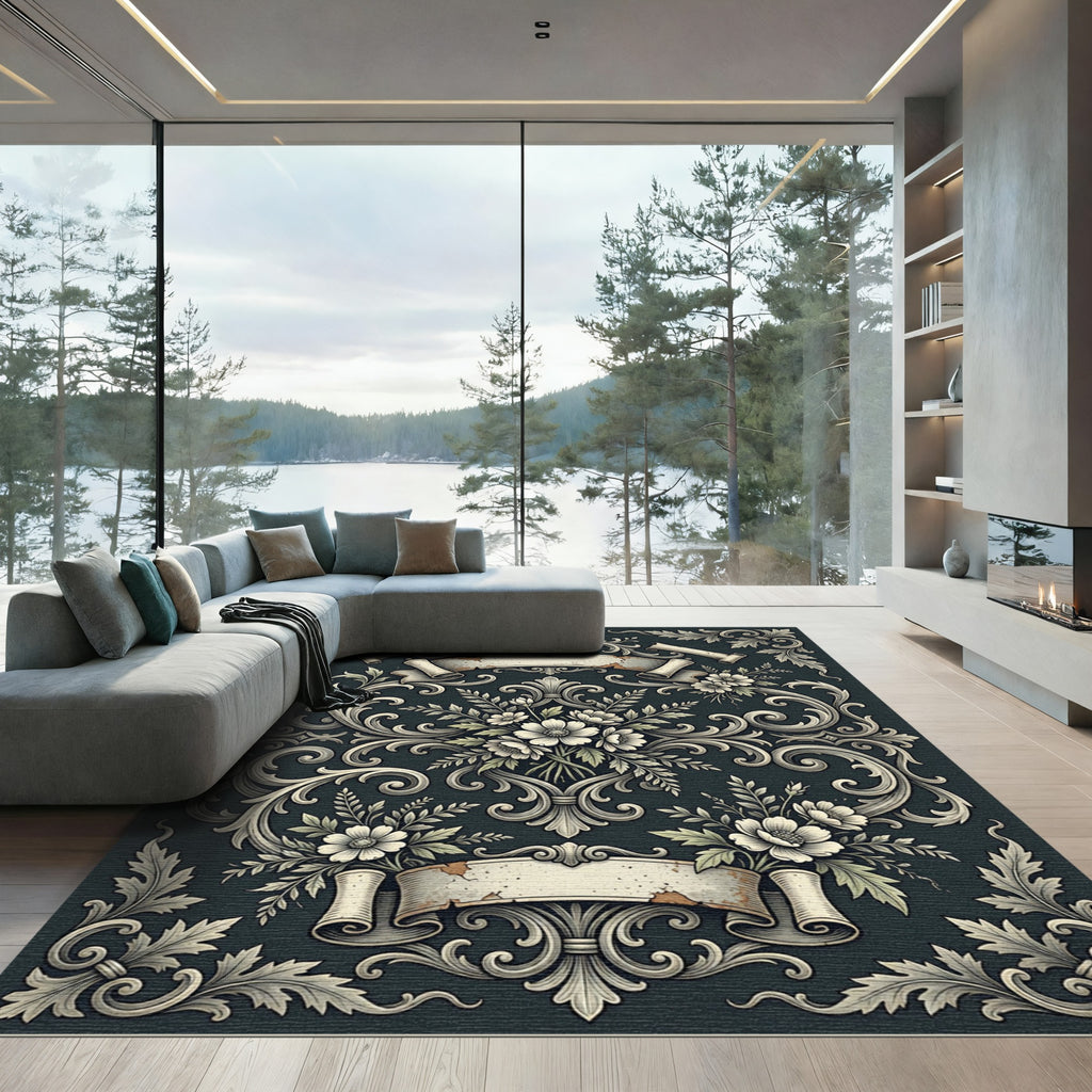 Dark Slate Floral Baroque Scroll Rug