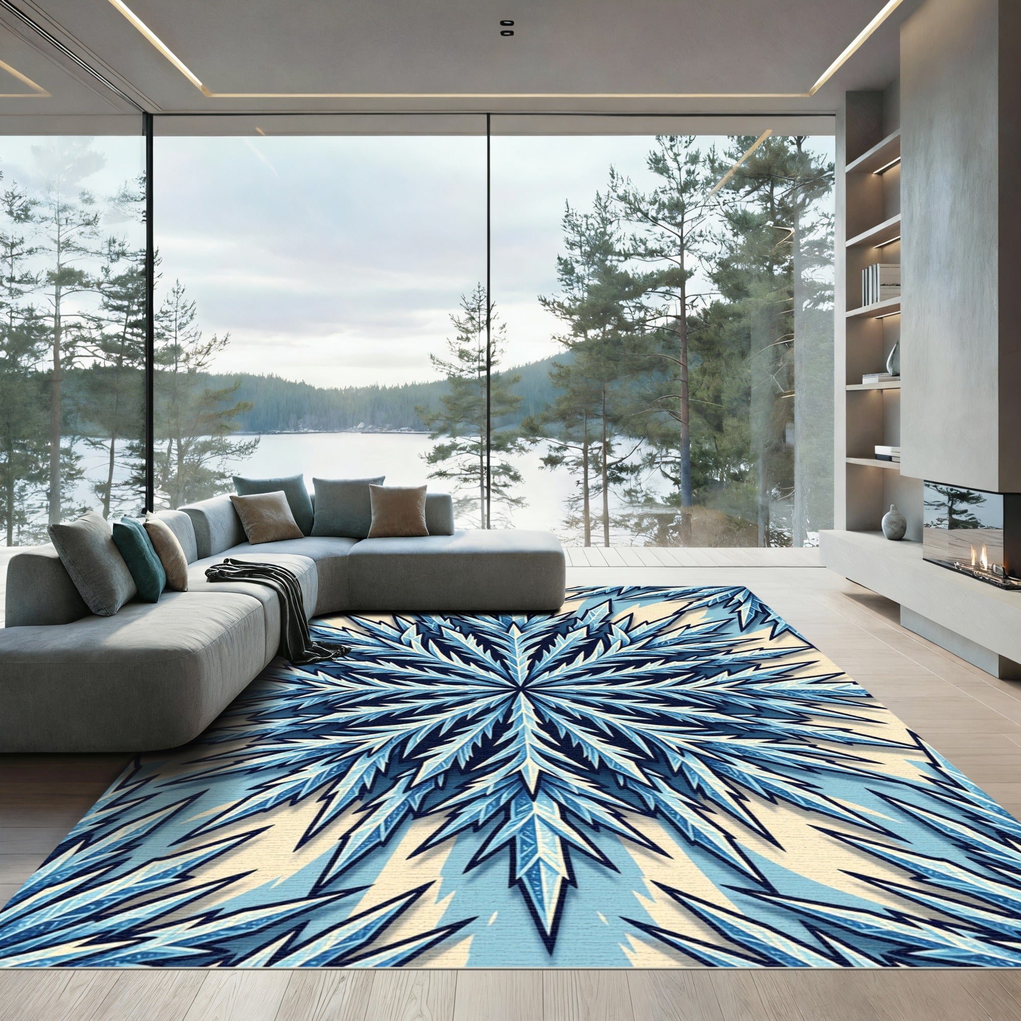 Icy Blue Frost Crystal Snowflake Rug