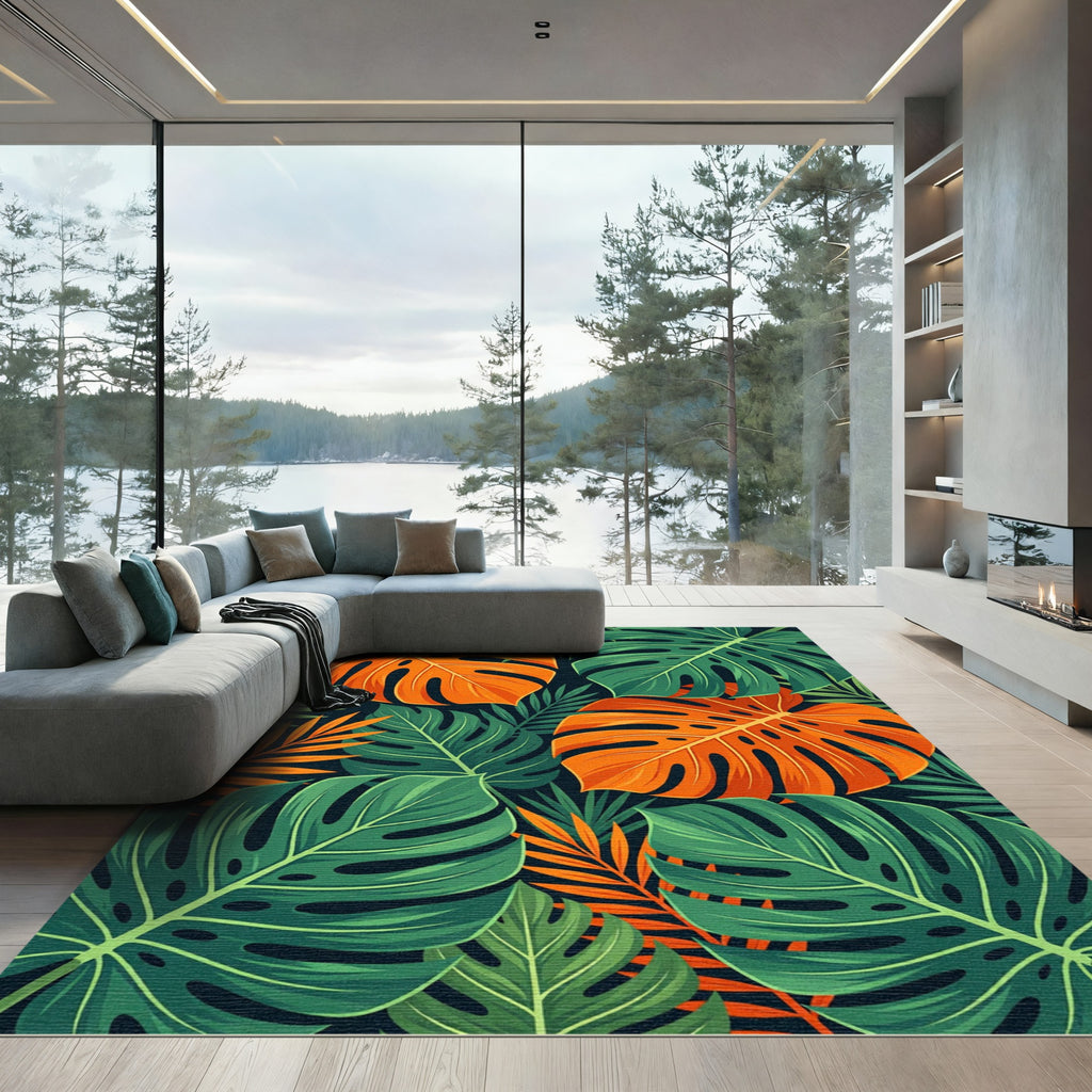 Vibrant Orange and Green Tropical Monstera Leaves Rug