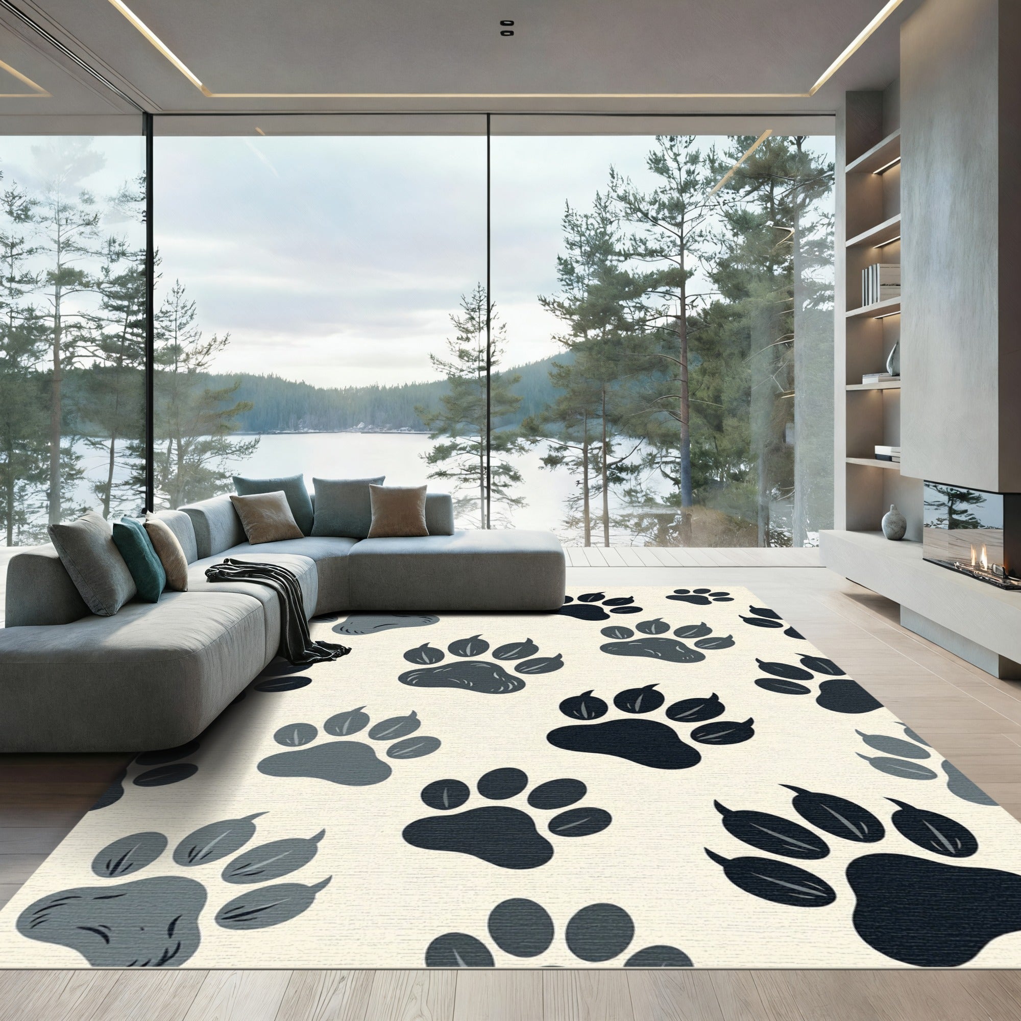 Playful Charcoal Paw Print Accent Rug
