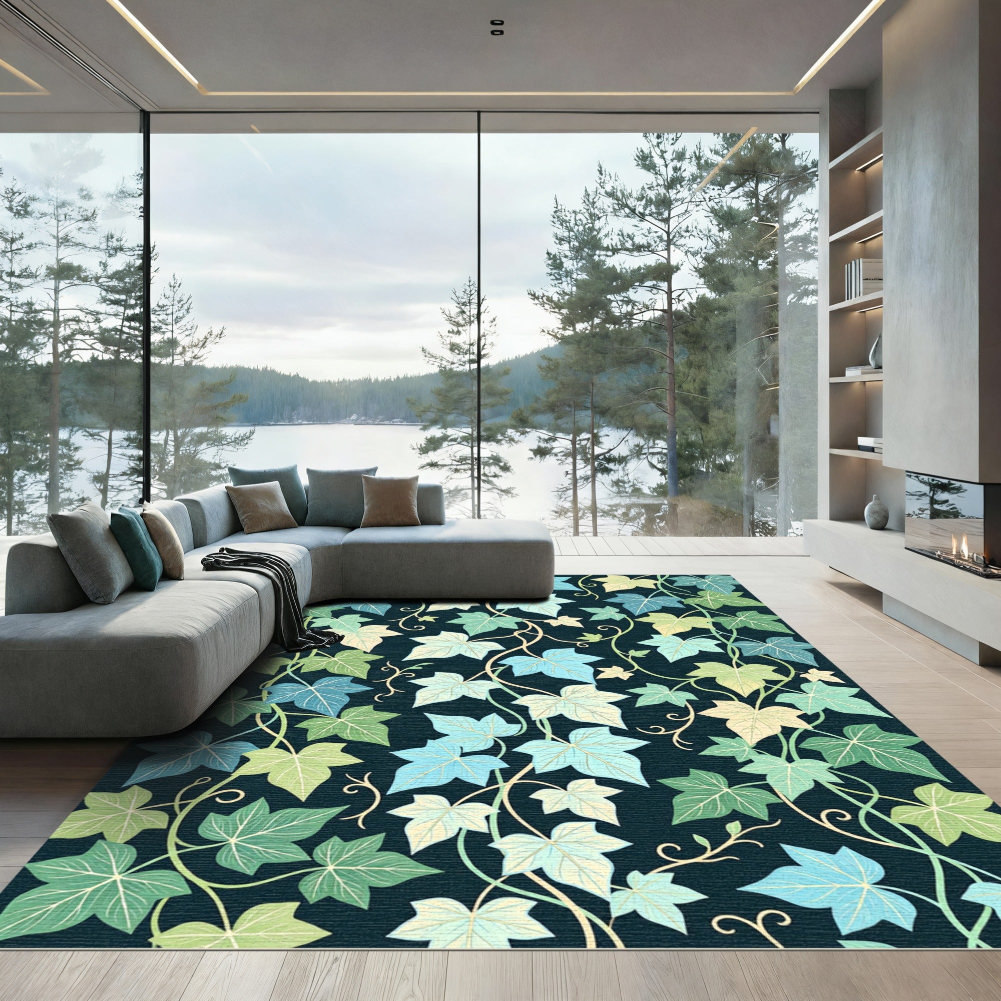 Ethereal Teal Ivy Leaf Botanical Rug