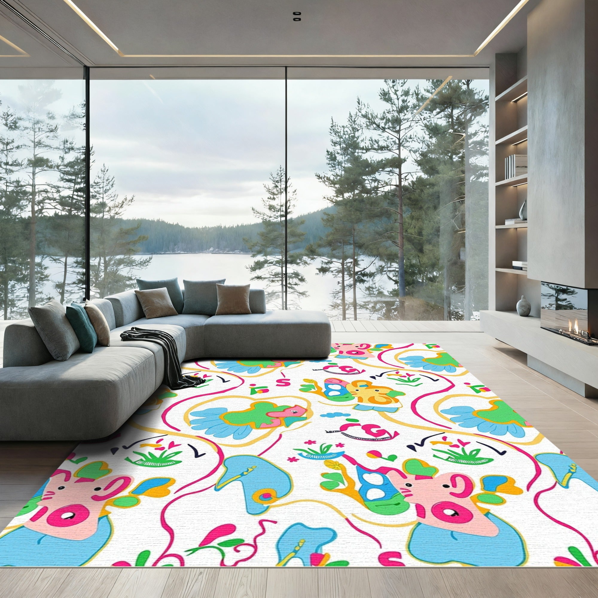 Whimsical Pink Yellow Blue Cartoon Animals Rug