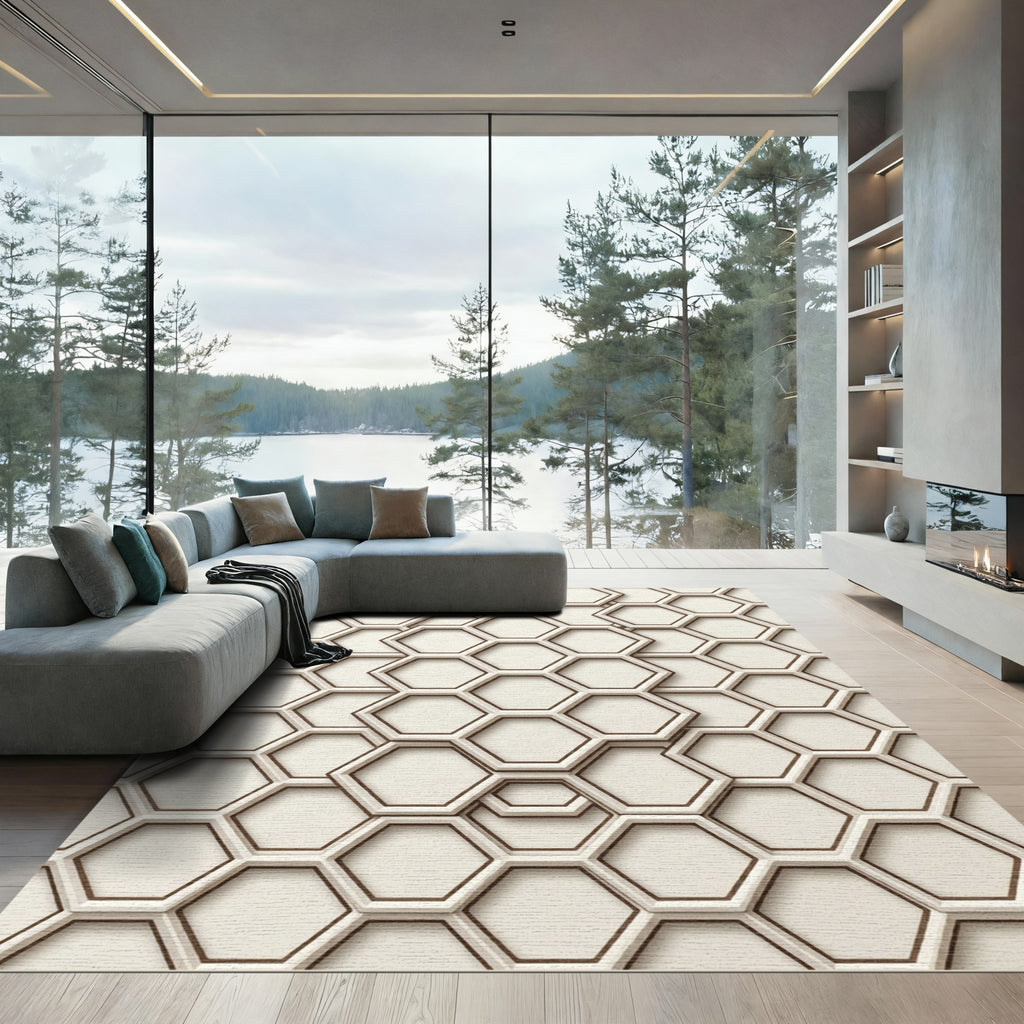 Sophisticated Cream Geometric Hexagon Tile Rug