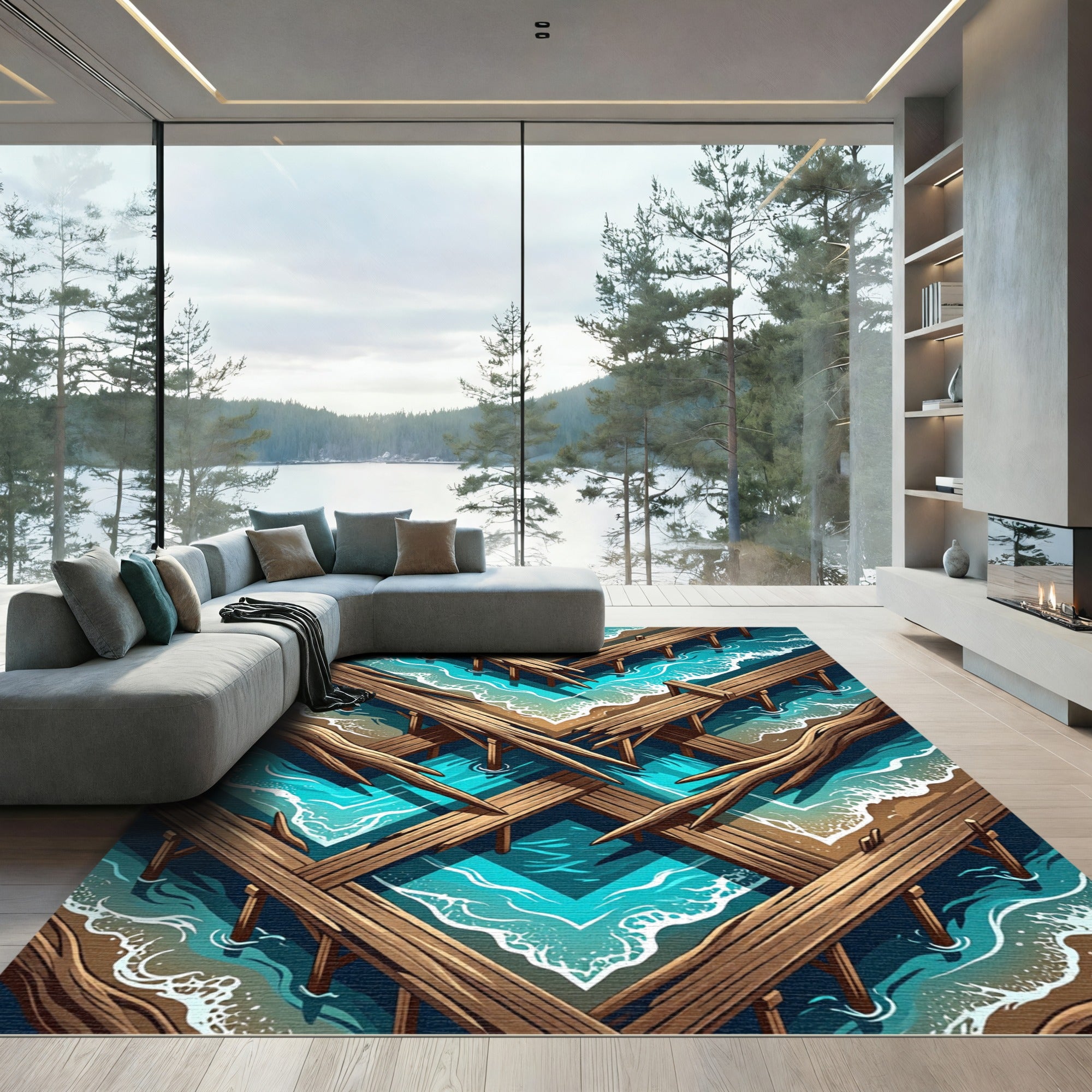 Geometric Teal Ocean Pier Shoreline Rug