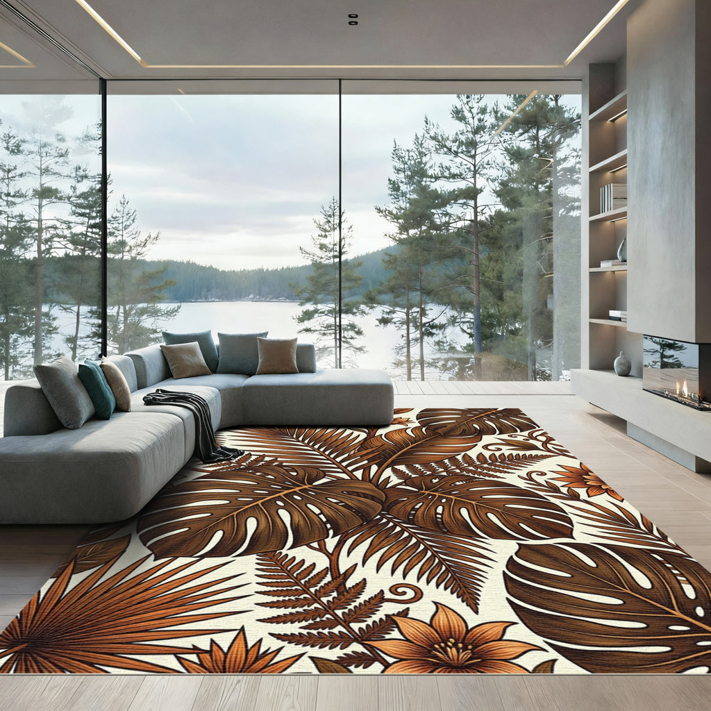 Sepia Tropical Botanical Leaf Foliage Rug