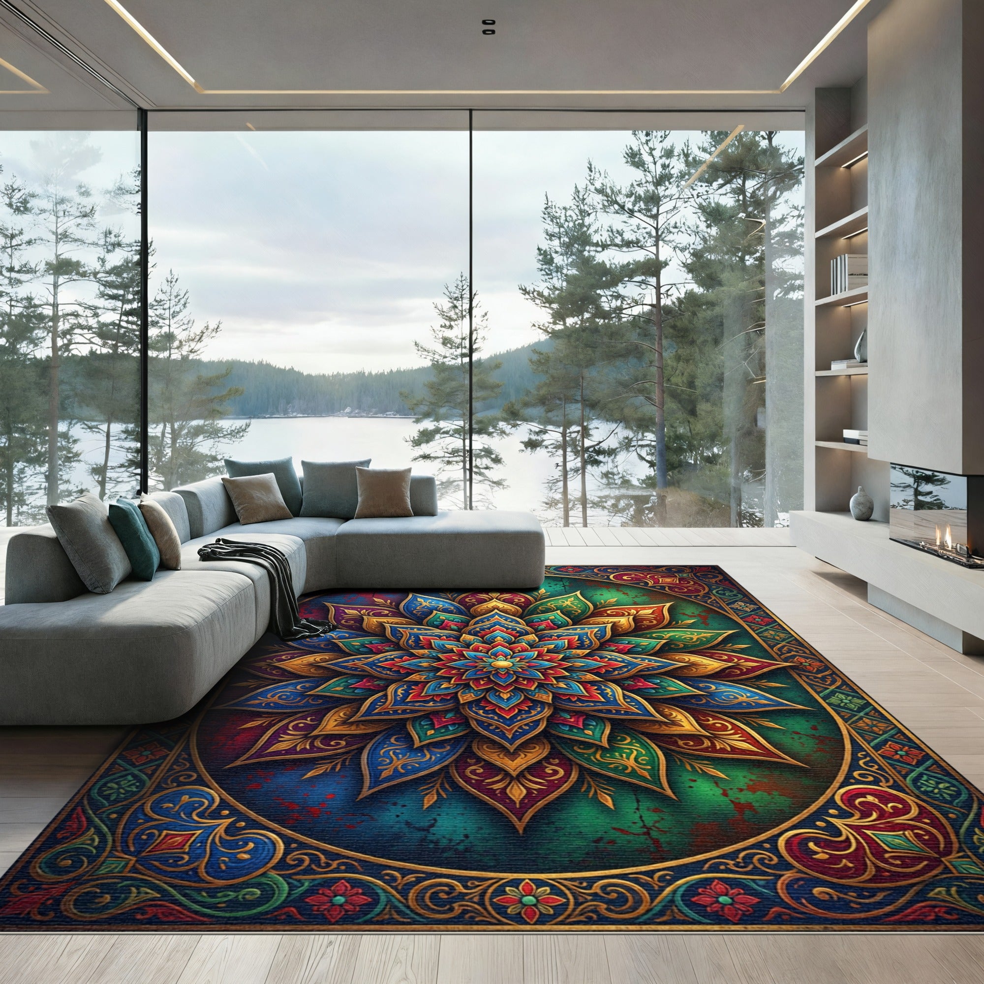 Vibrant Floral Mandala Art Medallion Rug