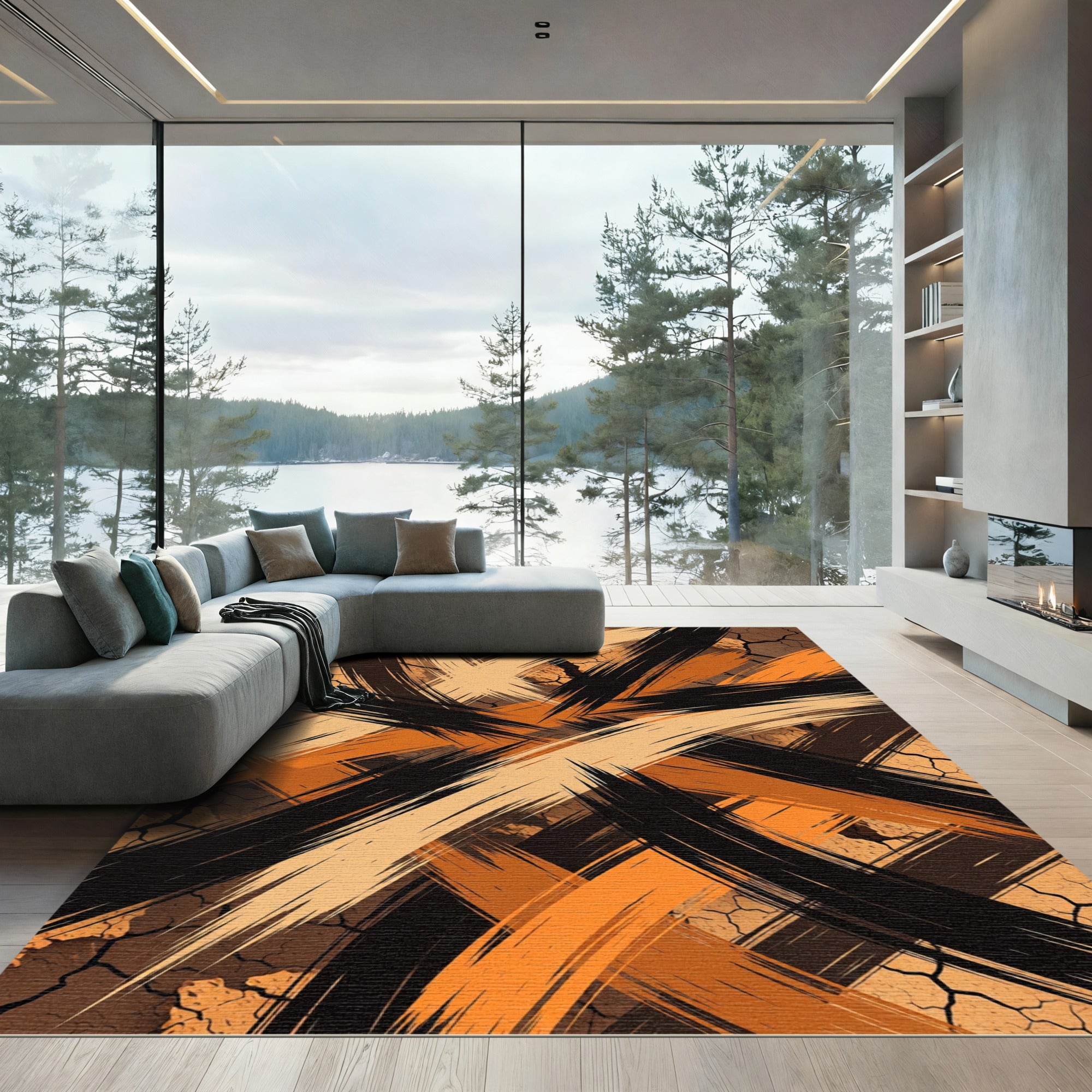 Brown Beige Black Orange Brushstrokes Rug