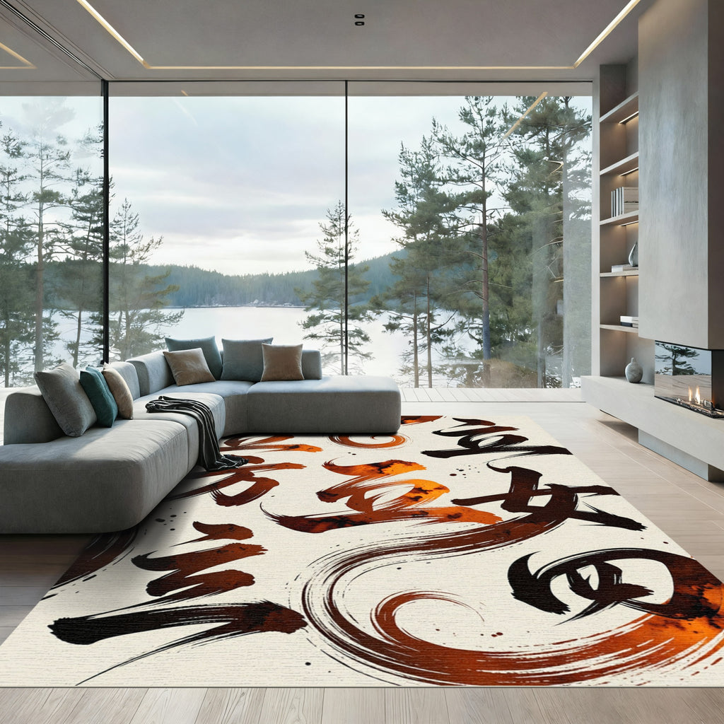 Black and Copper Abstract Ink Calligraphy Rug