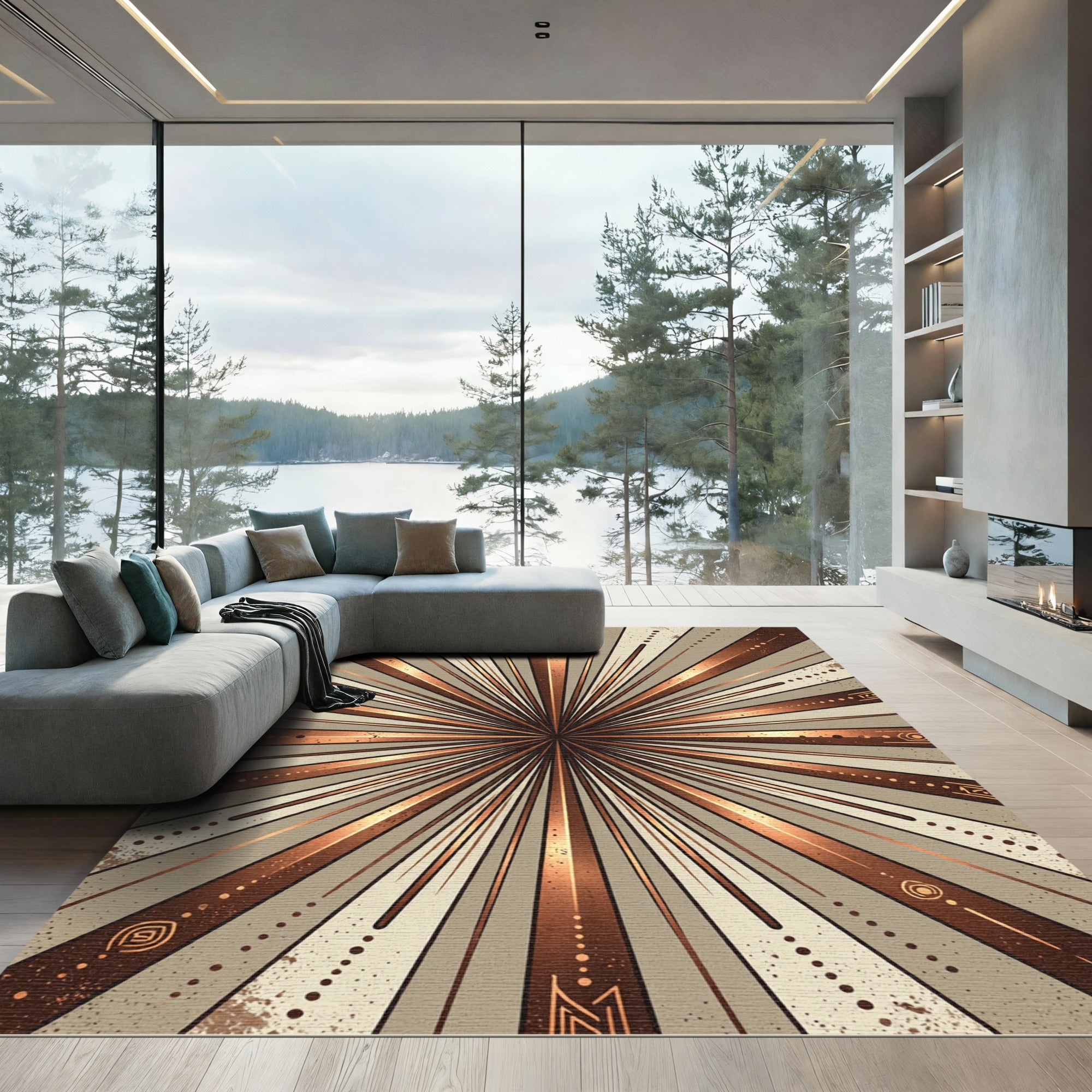 Bronze Gold Sunburst Rays Rug