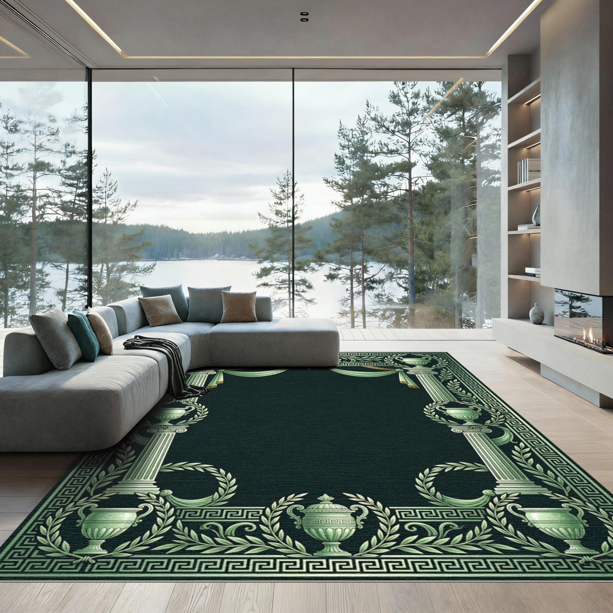 Classical Green Laurel Urn Column Frame Rug