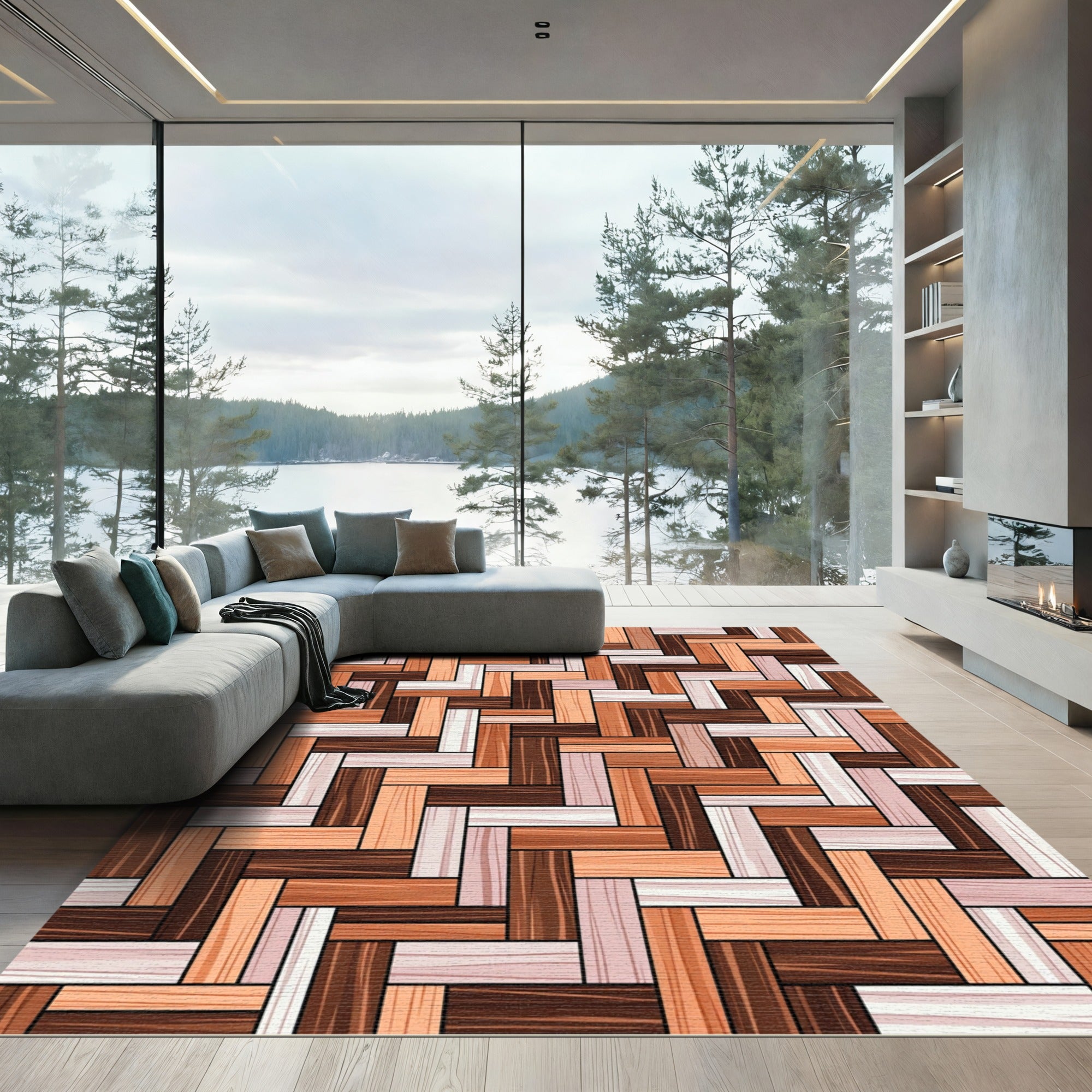 Warm Earth Tones Herringbone Parquet Rug