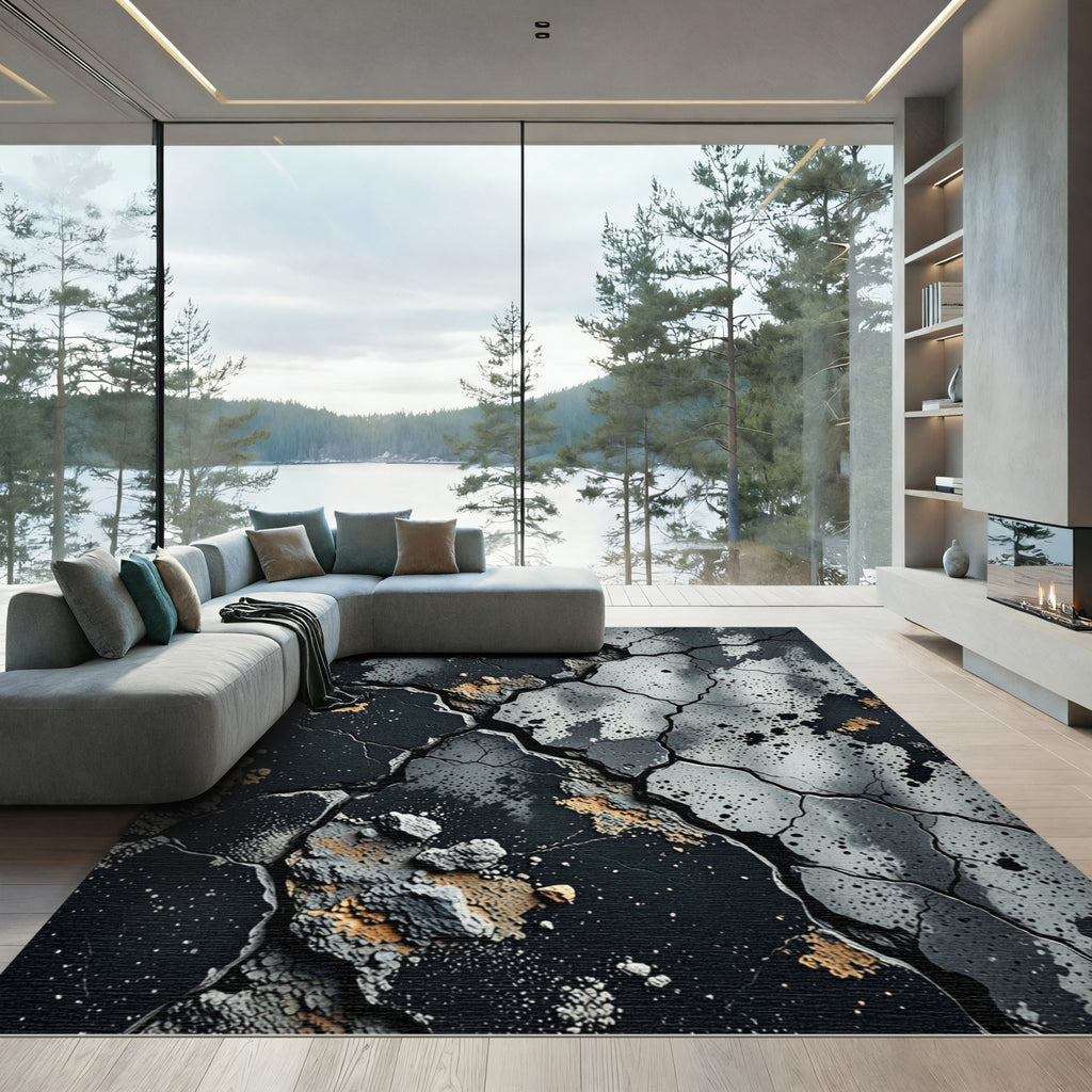 Cracked Gray Black Earth Splatter Rug