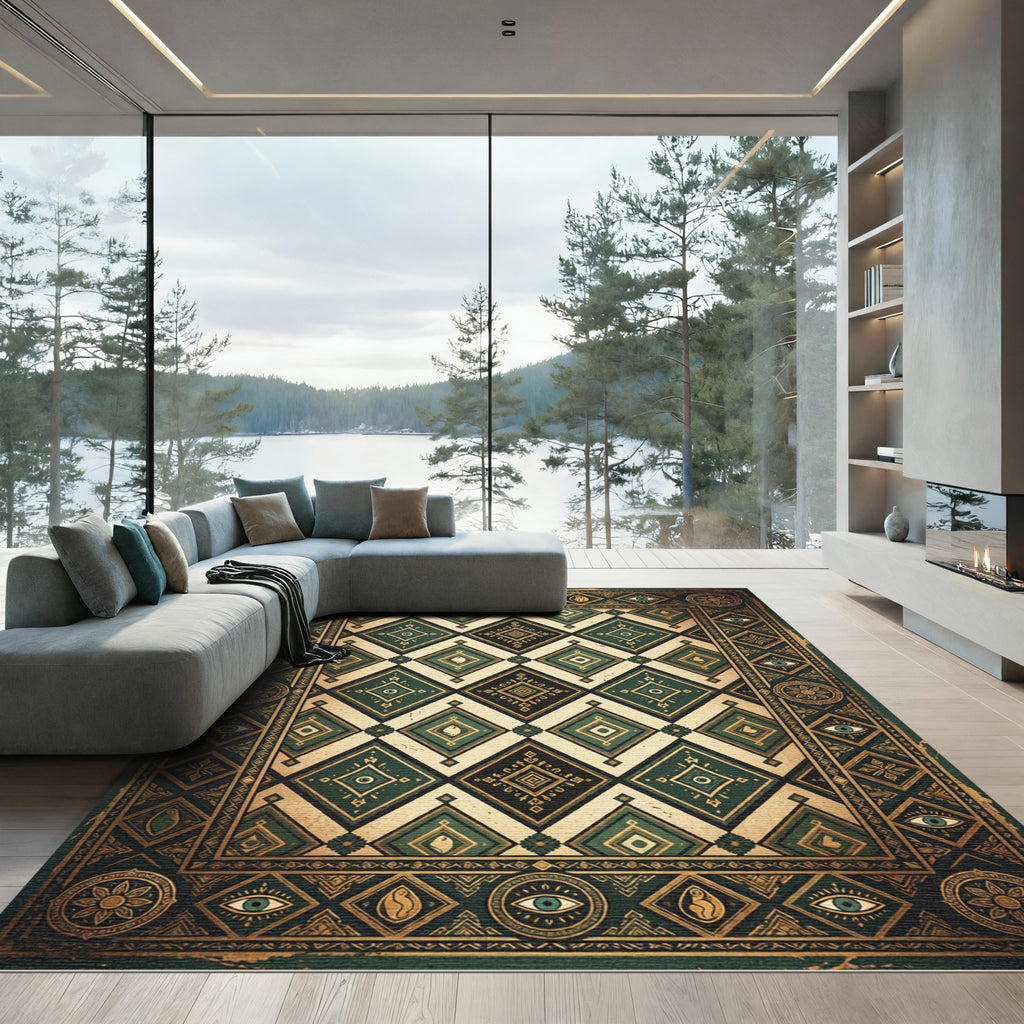Emerald Gold Eye Diamond Intricate Rug